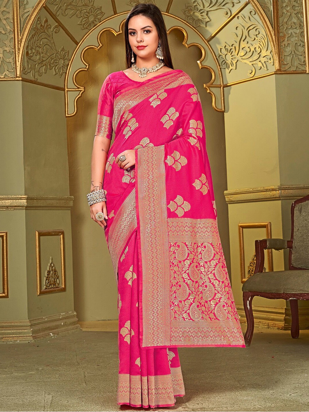 

SARIYA Woven Design Zari Banarasi Saree, Pink