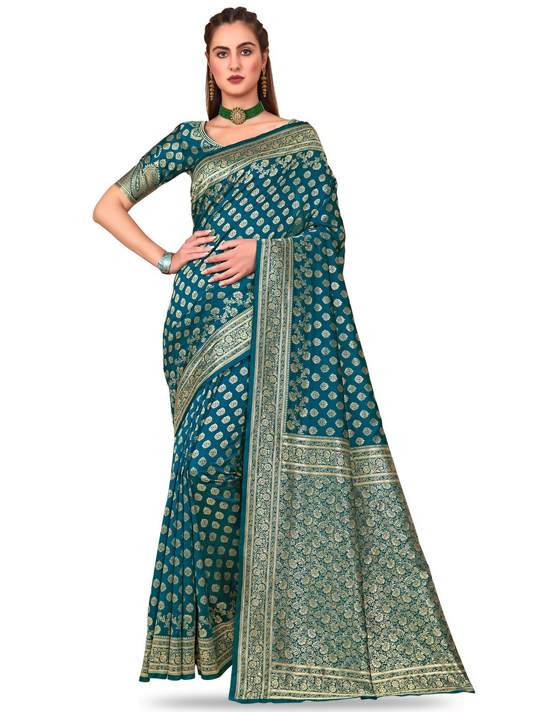 

SARIYA Ethnic Motifs Woven Design Zari Banarasi Saree, Teal