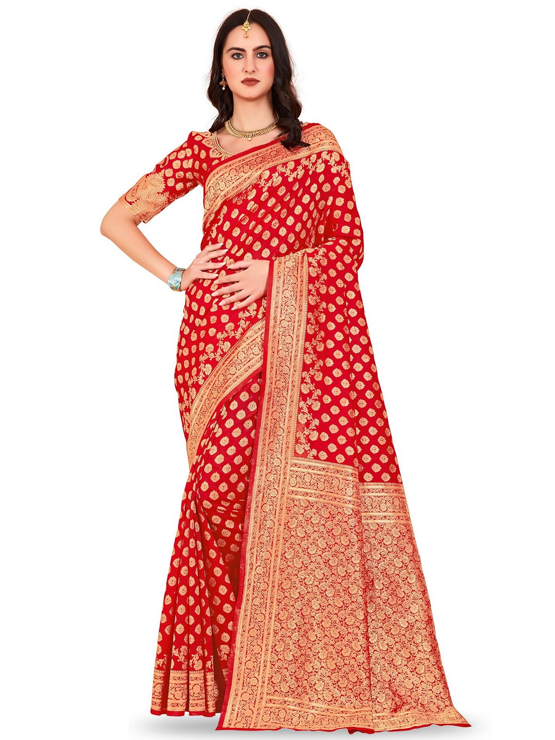 

SARIYA Ethnic Motifs Woven Design Zari Banarasi Saree, Red