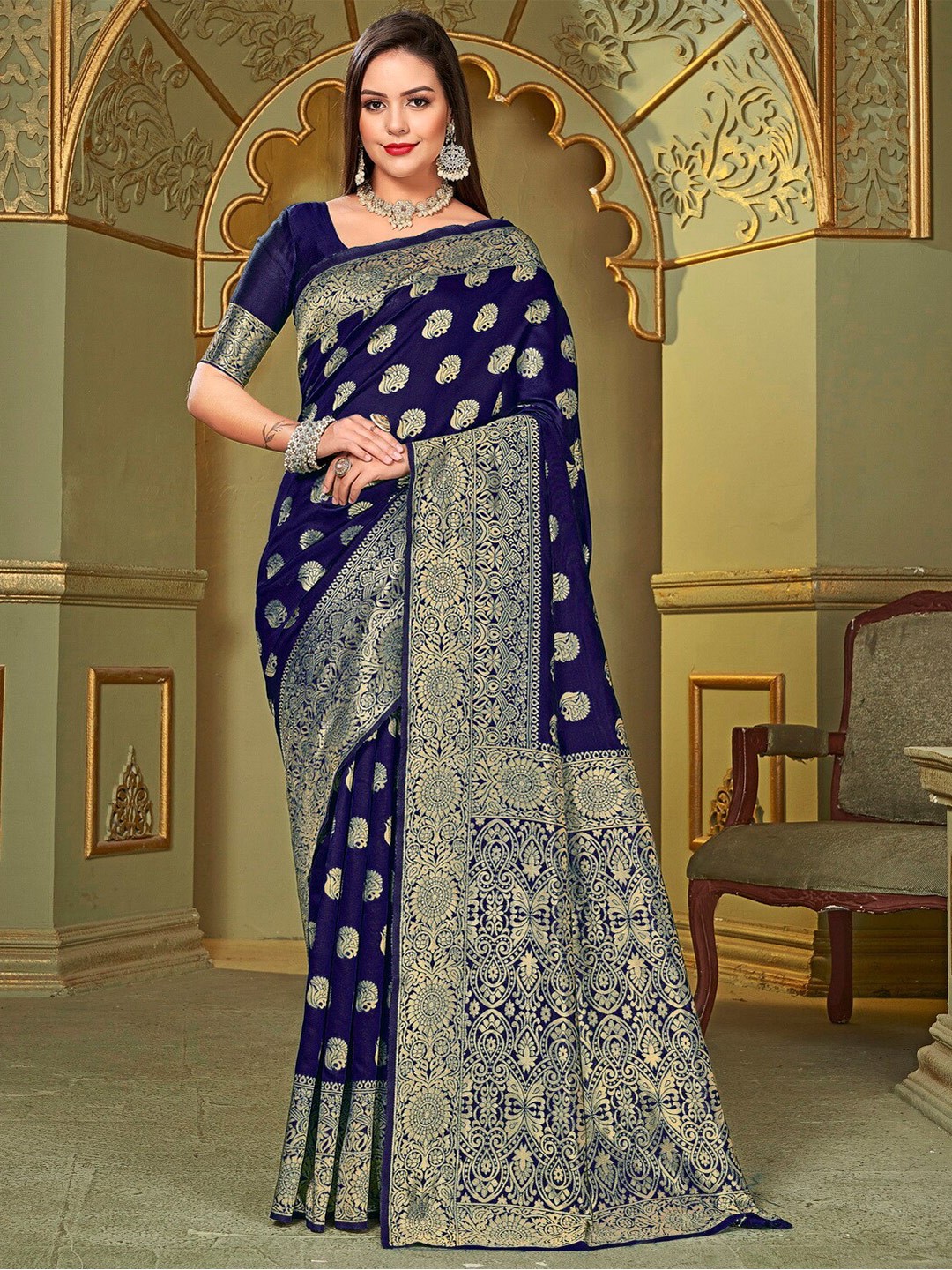 

SARIYA Ethnic Motifs Woven Design Zari Banarasi Saree, Navy blue
