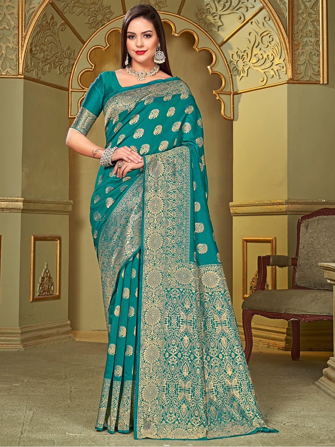 

SARIYA Ethnic Motifs Woven Design Zari Banarasi Saree, Teal