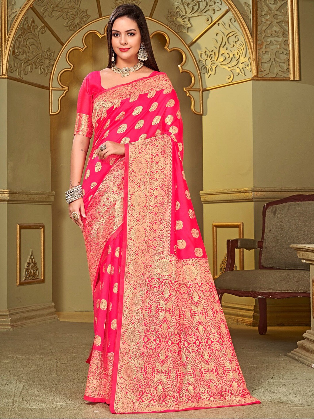 

SARIYA Ethnic Motifs Woven Design Zari Banarasi Saree, Pink