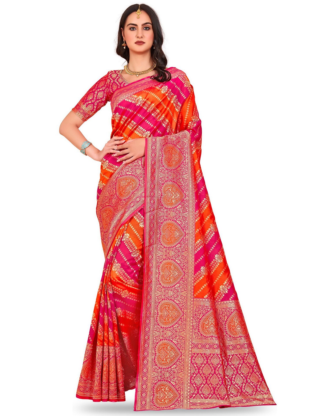 

SARIYA Ethnic Motifs Woven Design Zari Banarasi Saree, Pink