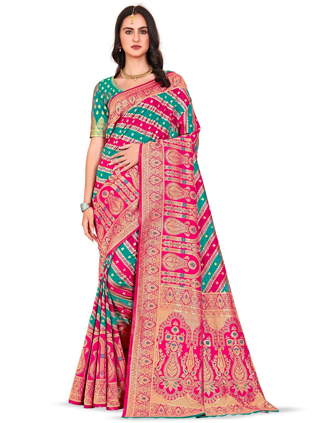 

SARIYA Ethnic Motif Woven Design Zari Banarasi Saree, Teal