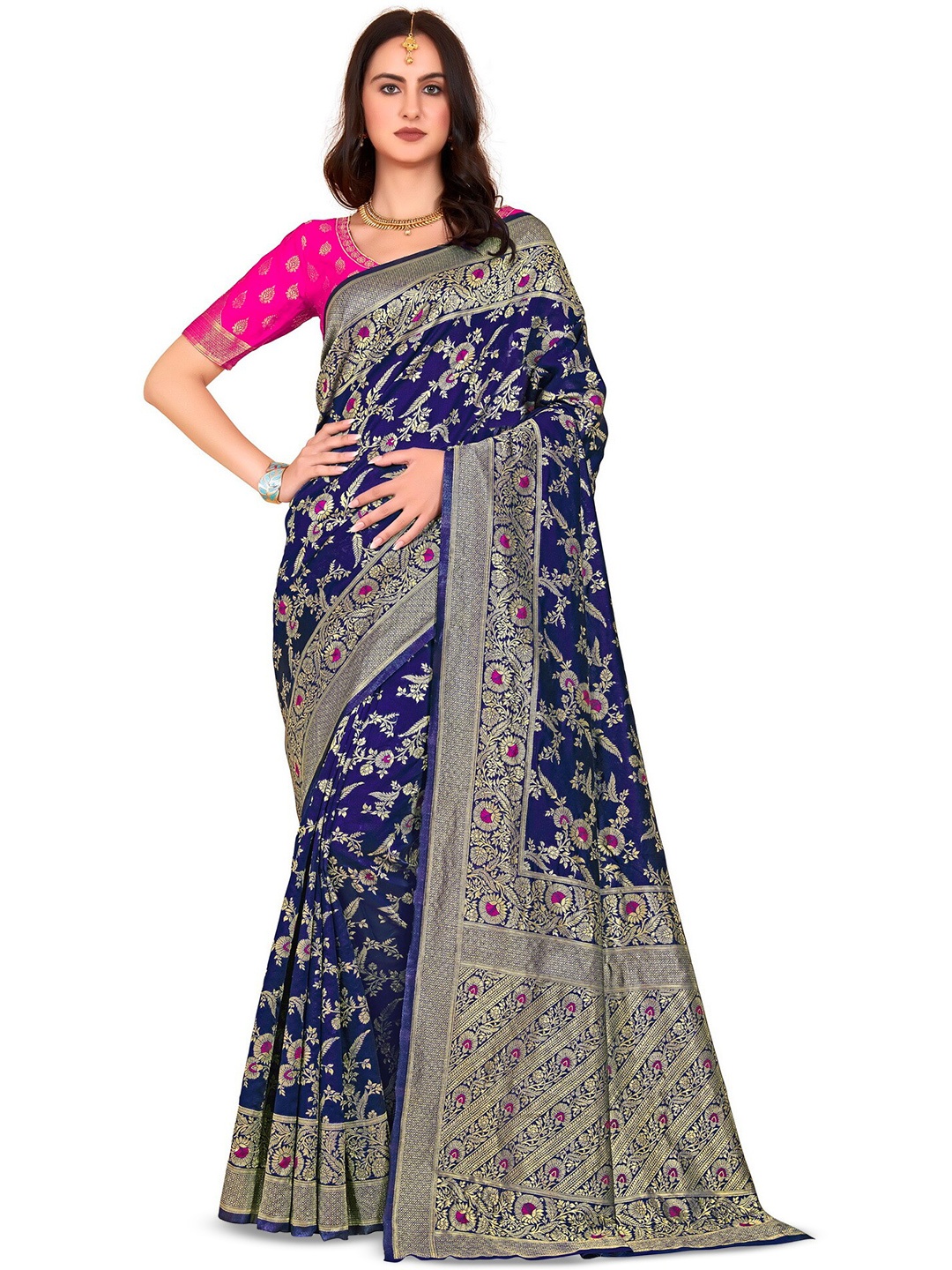 

SARIYA Woven Design Zari Banarasi Saree, Navy blue