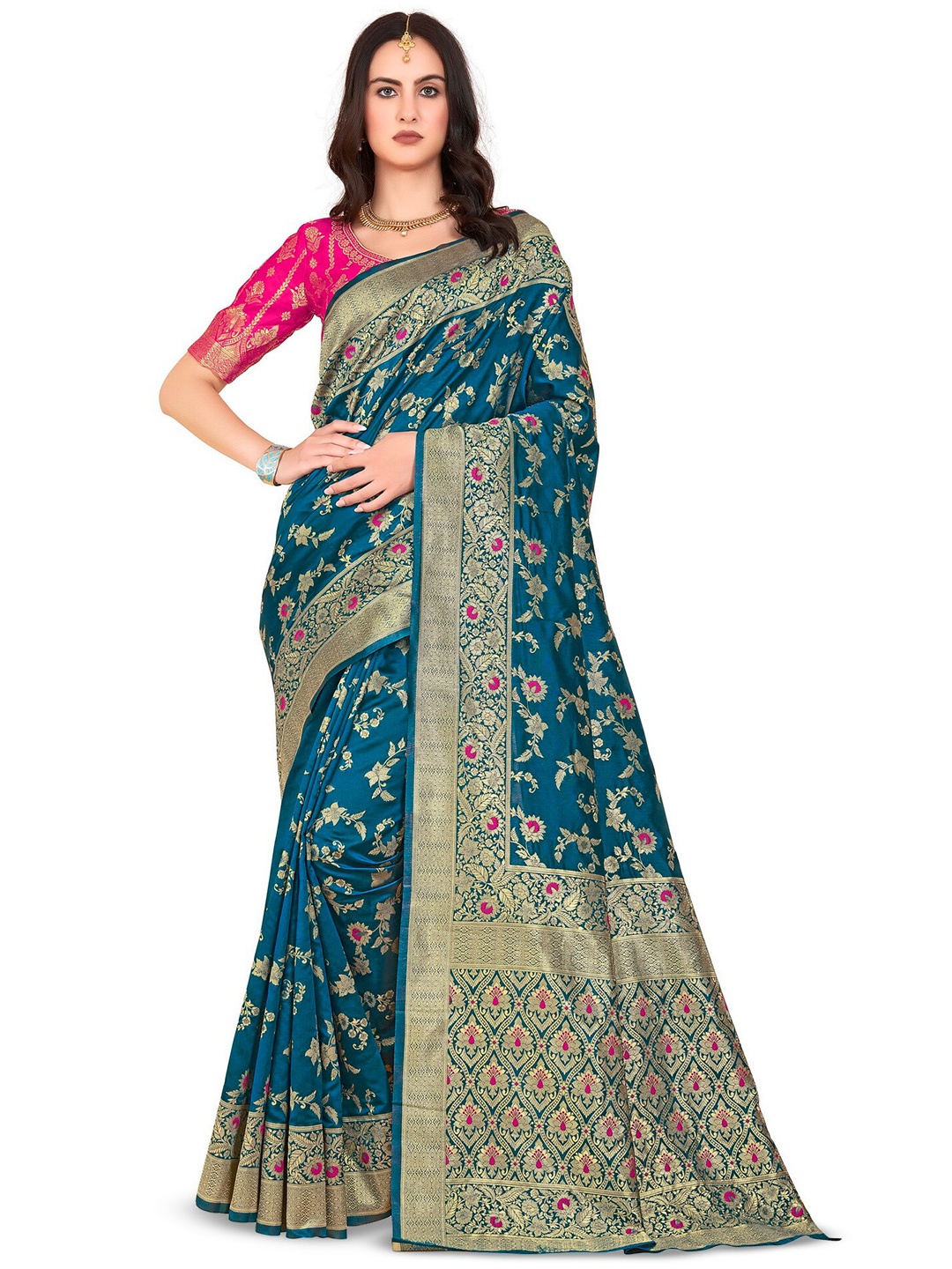 

SARIYA Woven Design Zari Silk Blend Banarasi Saree, Turquoise blue