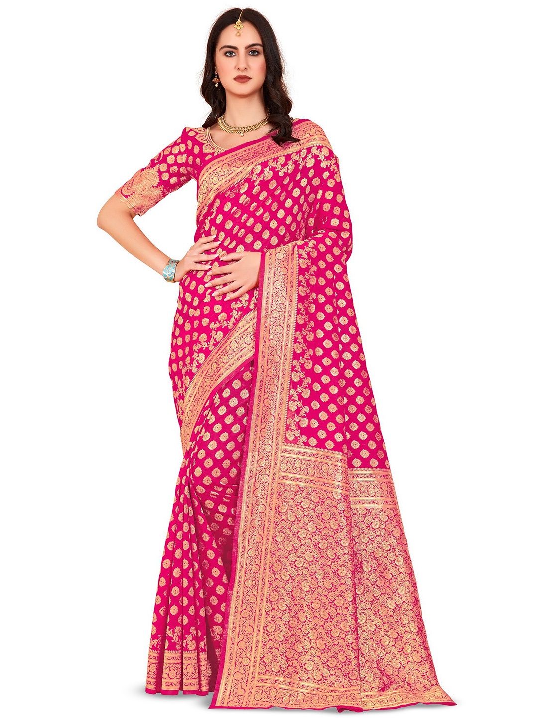 

SARIYA Ethnic Motifs Woven Design Zari Banarasi Saree, Pink