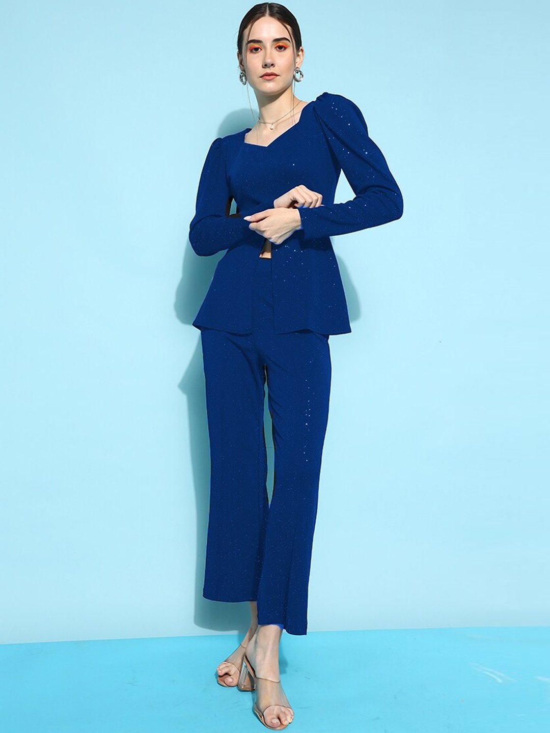 

WESTHOOD Embellished Sweetheart Neck Top And Trousers, Navy blue