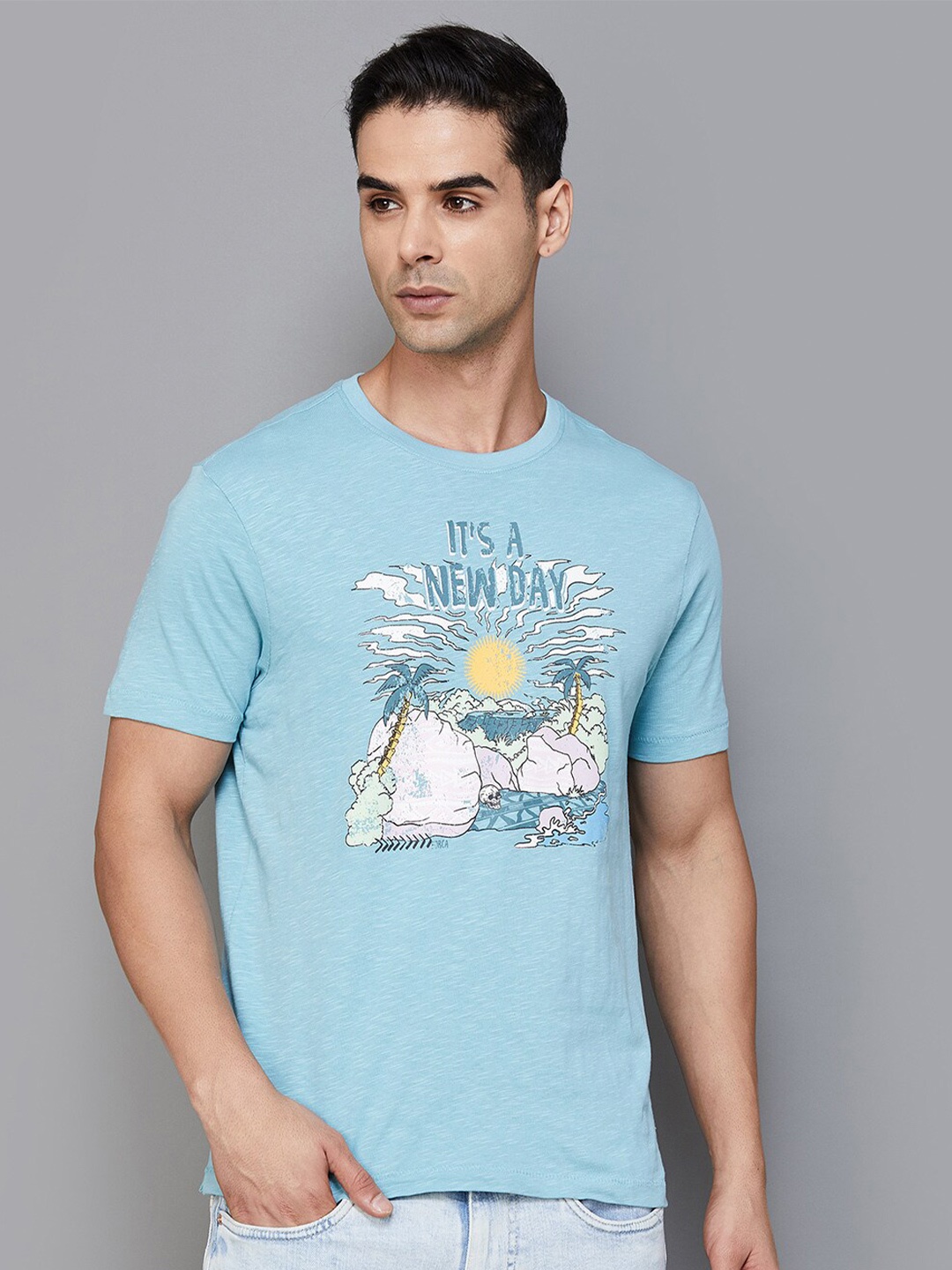 Forca by Lifestyle Printed Slim Fit Cotton T-shirt, Blue