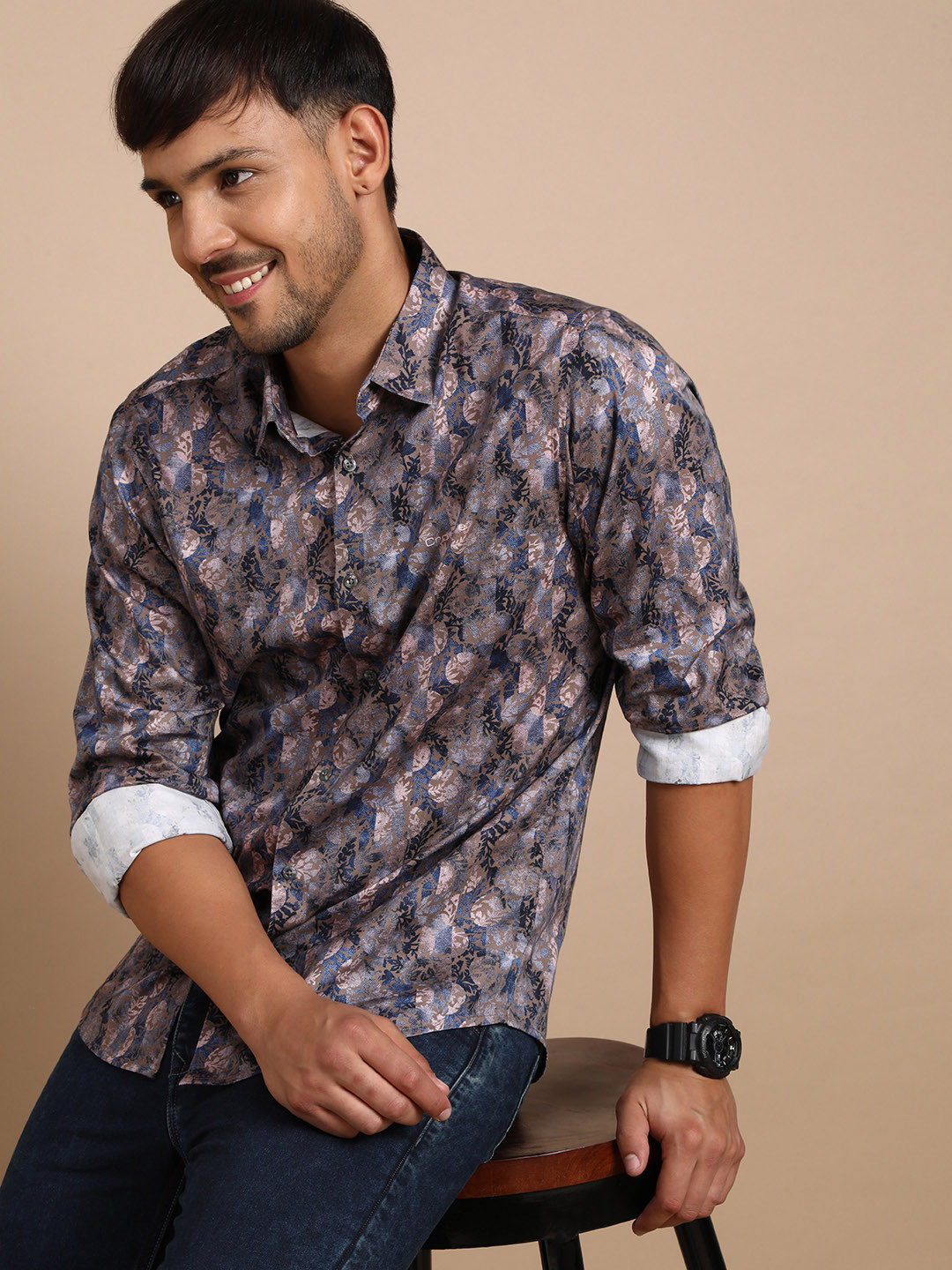 

Crocodile Comfort Ethnic Motifs Printed Spread Collar Cotton Casual Shirt, Brown