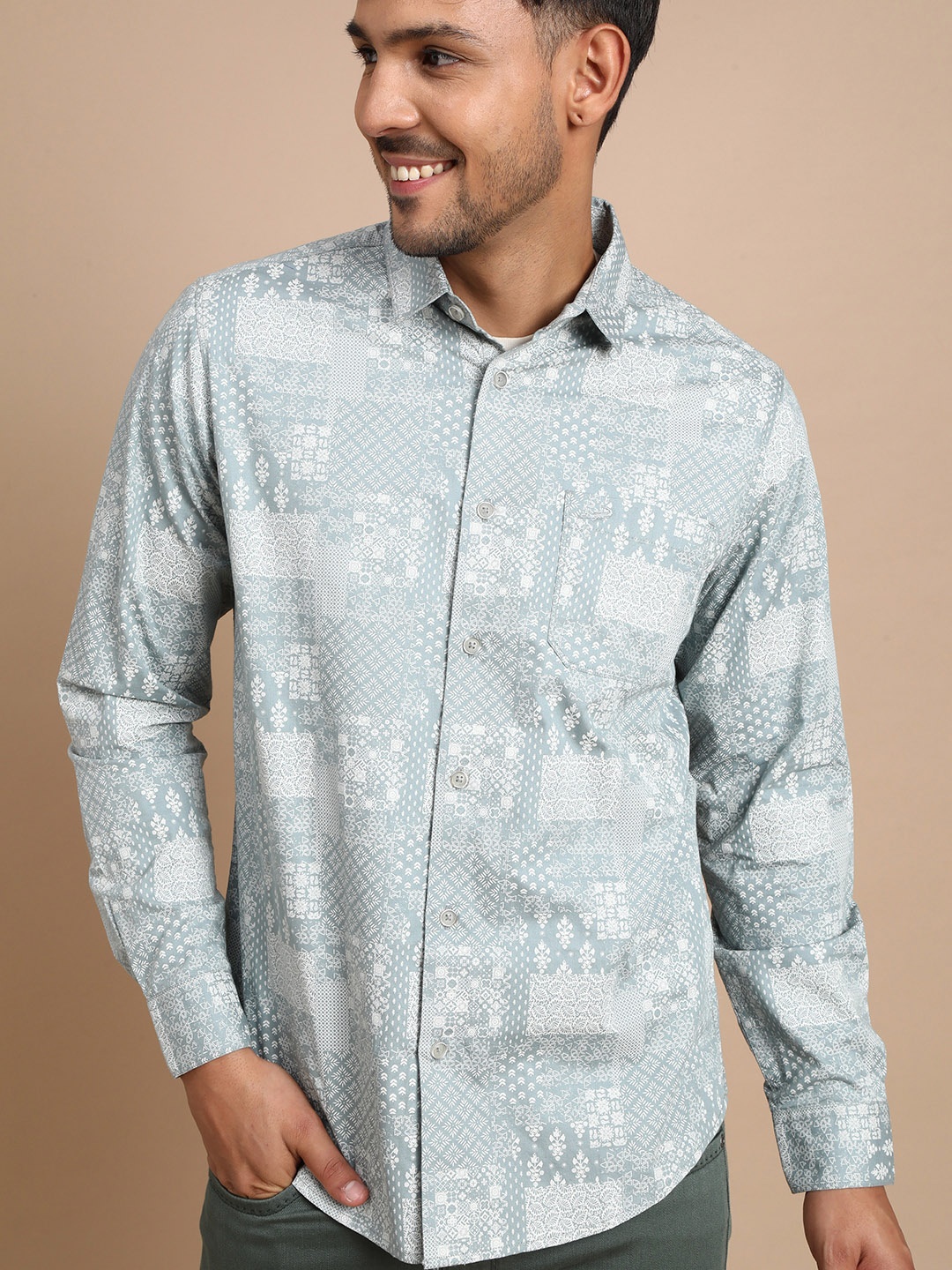 

Crocodile Comfort Ethnic Motifs Printed Cotton Shirt, Blue