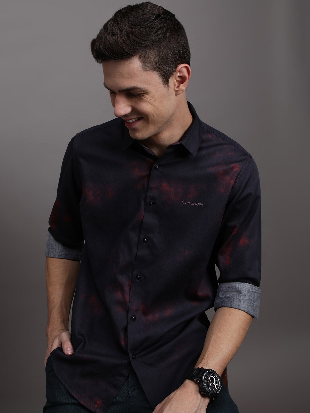 

Crocodile Tie & Dye Comfort Opaque Regular Fit Cotton Casual Shirt, Black