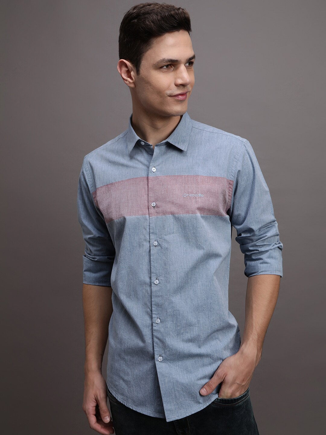 

Crocodile Colourblocked Comfort Opaque Regular Fit Cotton Casual Shirt, Blue