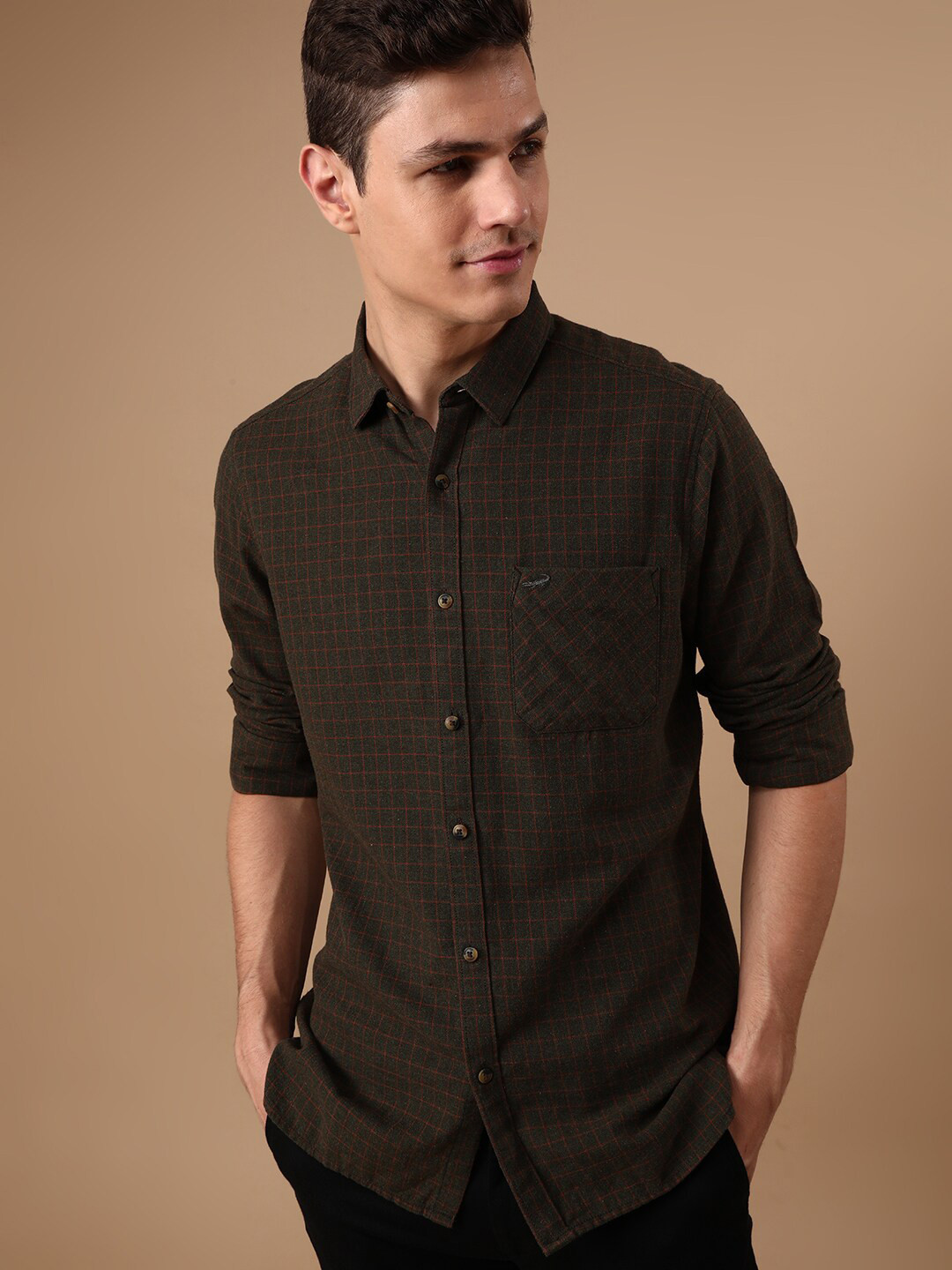

Crocodile Checked Comfort Opaque Regular Fit Cotton Casual Shirt, Olive
