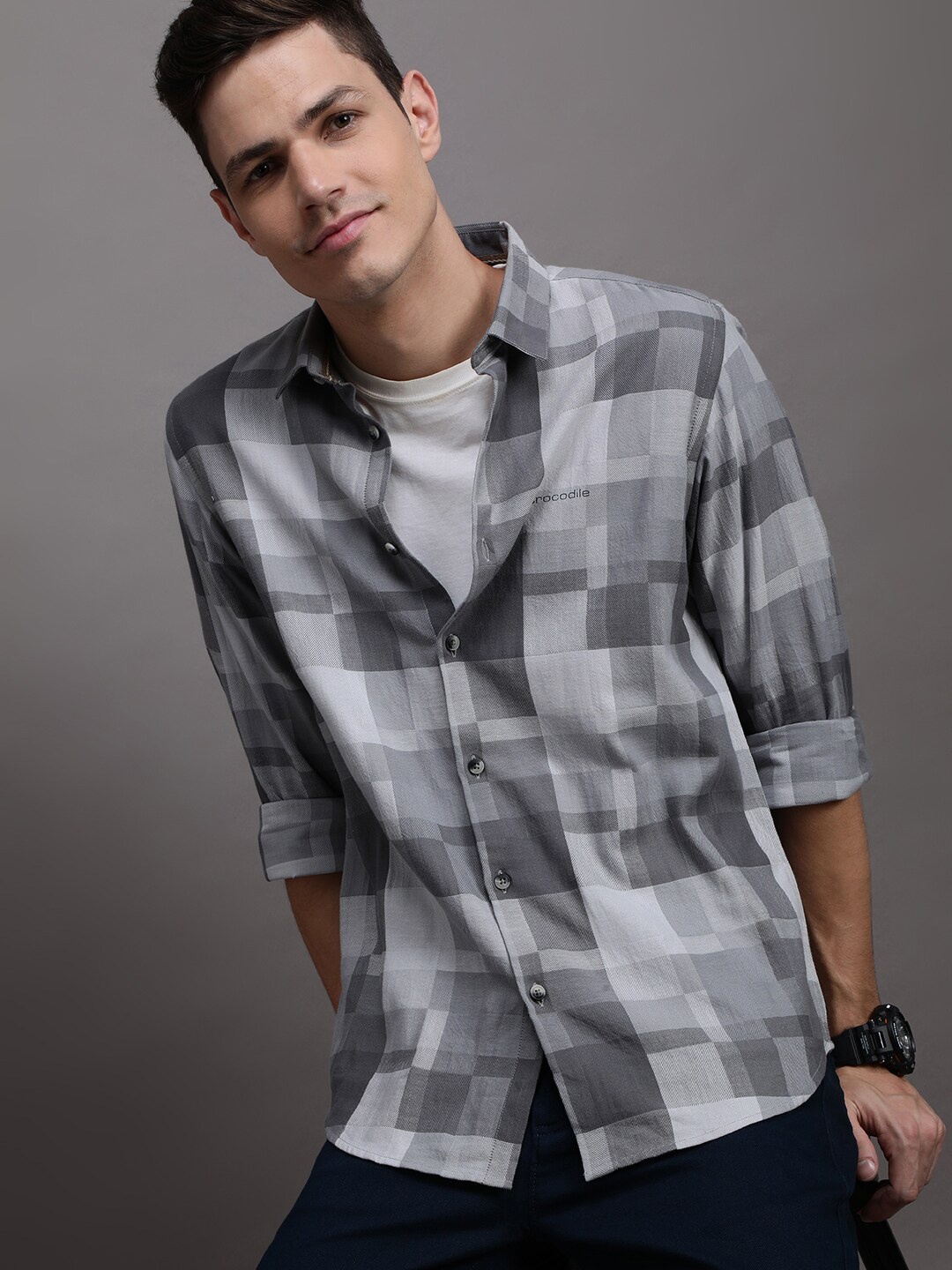 

Crocodile Comfort Geometric Self Design Cotton Casual Shirt, Grey