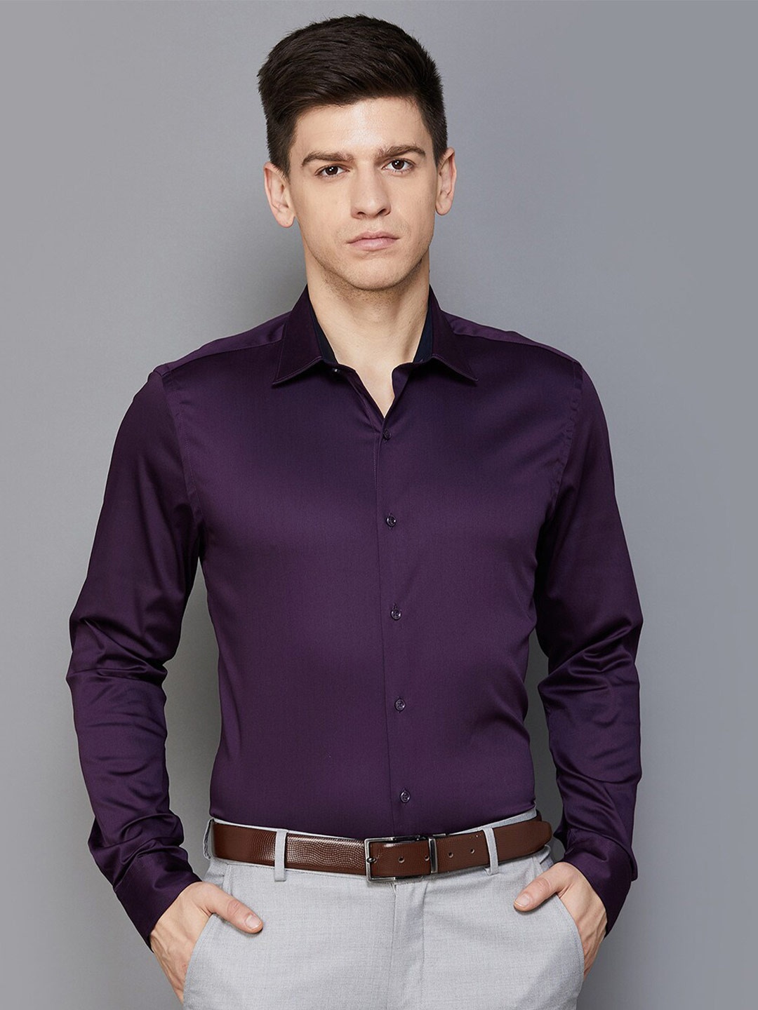 

CODE by Lifestyle Slim Fit Spread Collar Cotton Formal Shirt, Purple