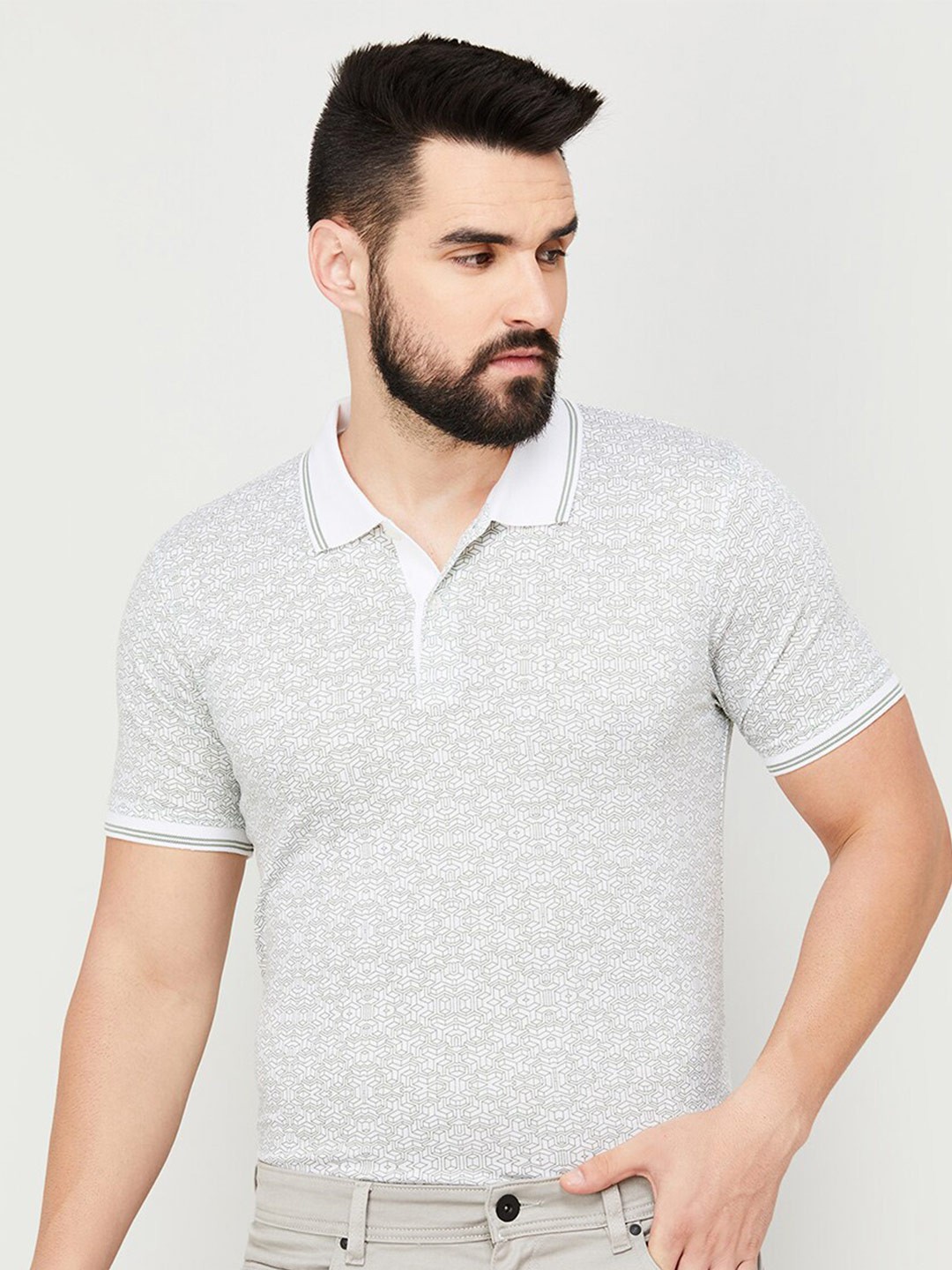 

CODE by Lifestyle Geometric Printed Polo Collar Slim Fit Cotton T-shirt, White