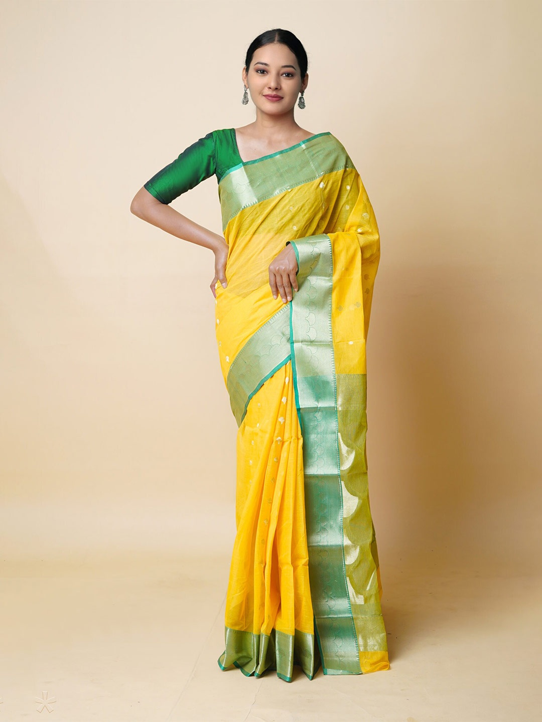

Unnati Silks Woven Design Zari Pure Cotton Handloom Taant Saree, Yellow