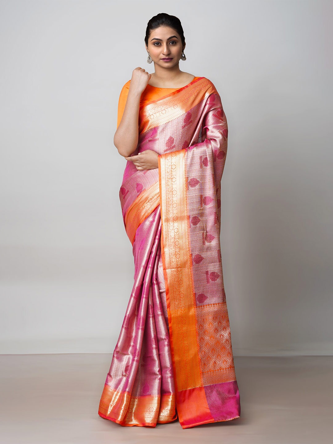 

Unnati Silks Woven Design Zari Silk Cotton Banarasi Saree, Pink