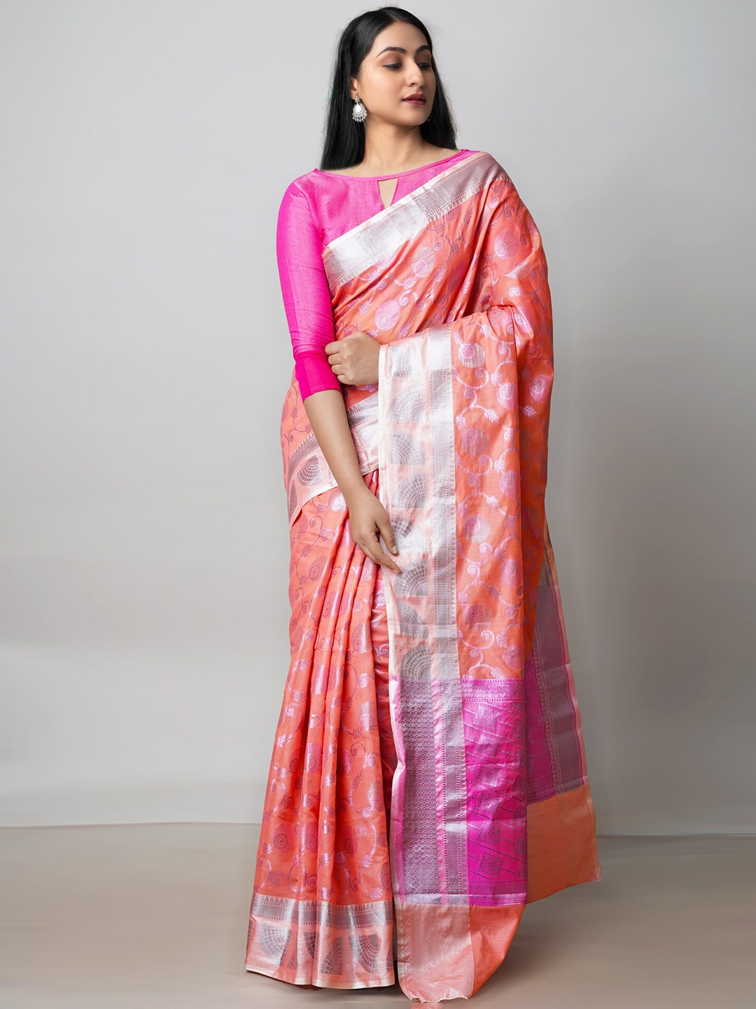 

Unnati Silks Woven Design Zari Silk Cotton Banarasi Saree, Orange