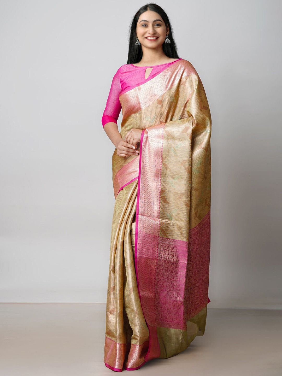 

Unnati Silks Woven Design Zari Silk Cotton Banarasi Saree, Cream