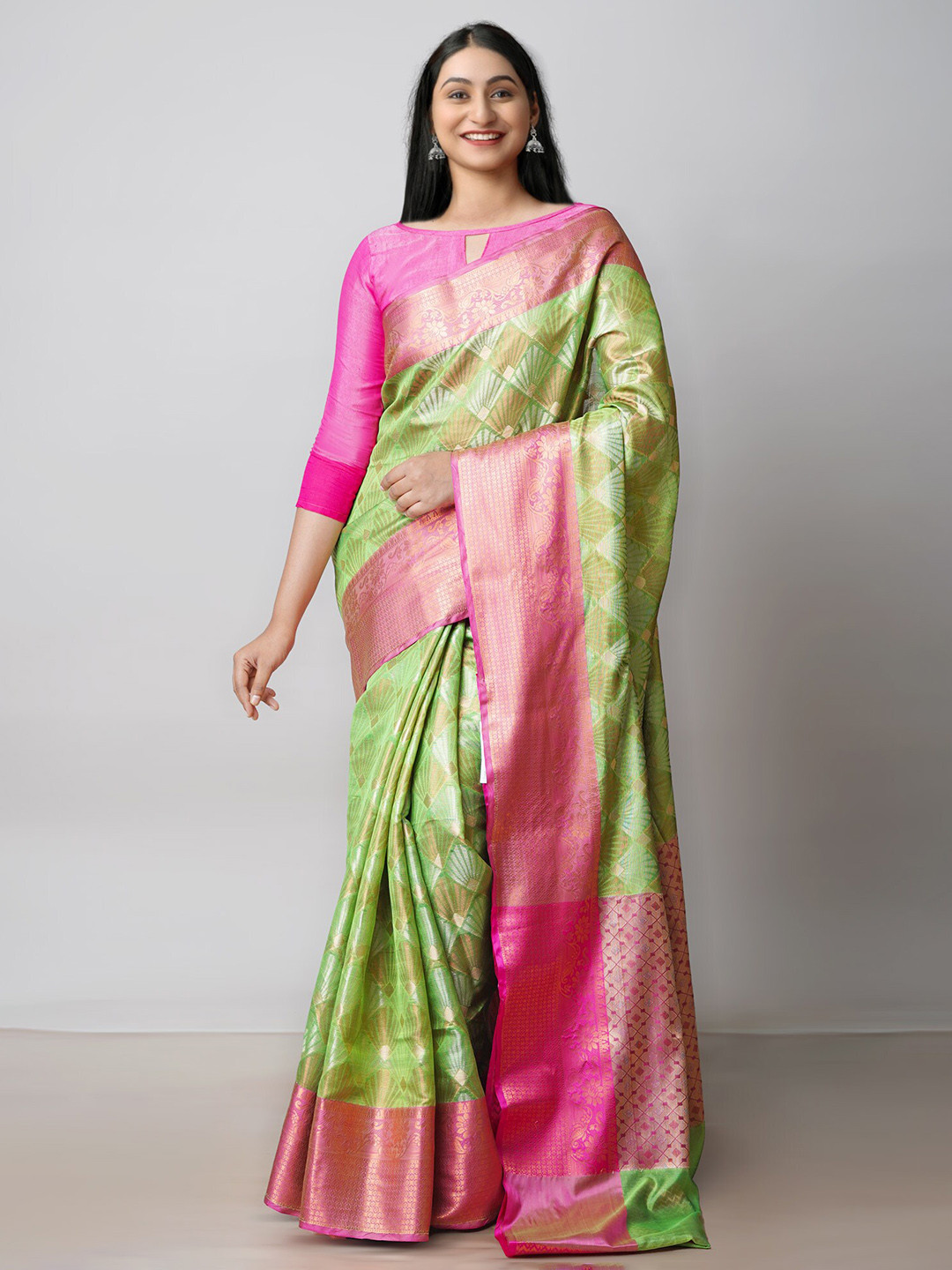 

Unnati Silks Woven Design Zari Silk Cotton Banarasi Saree, Green