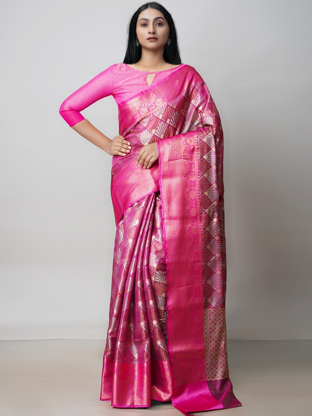 

Unnati Silks Woven Design Zari Silk Cotton Banarasi Saree, Pink