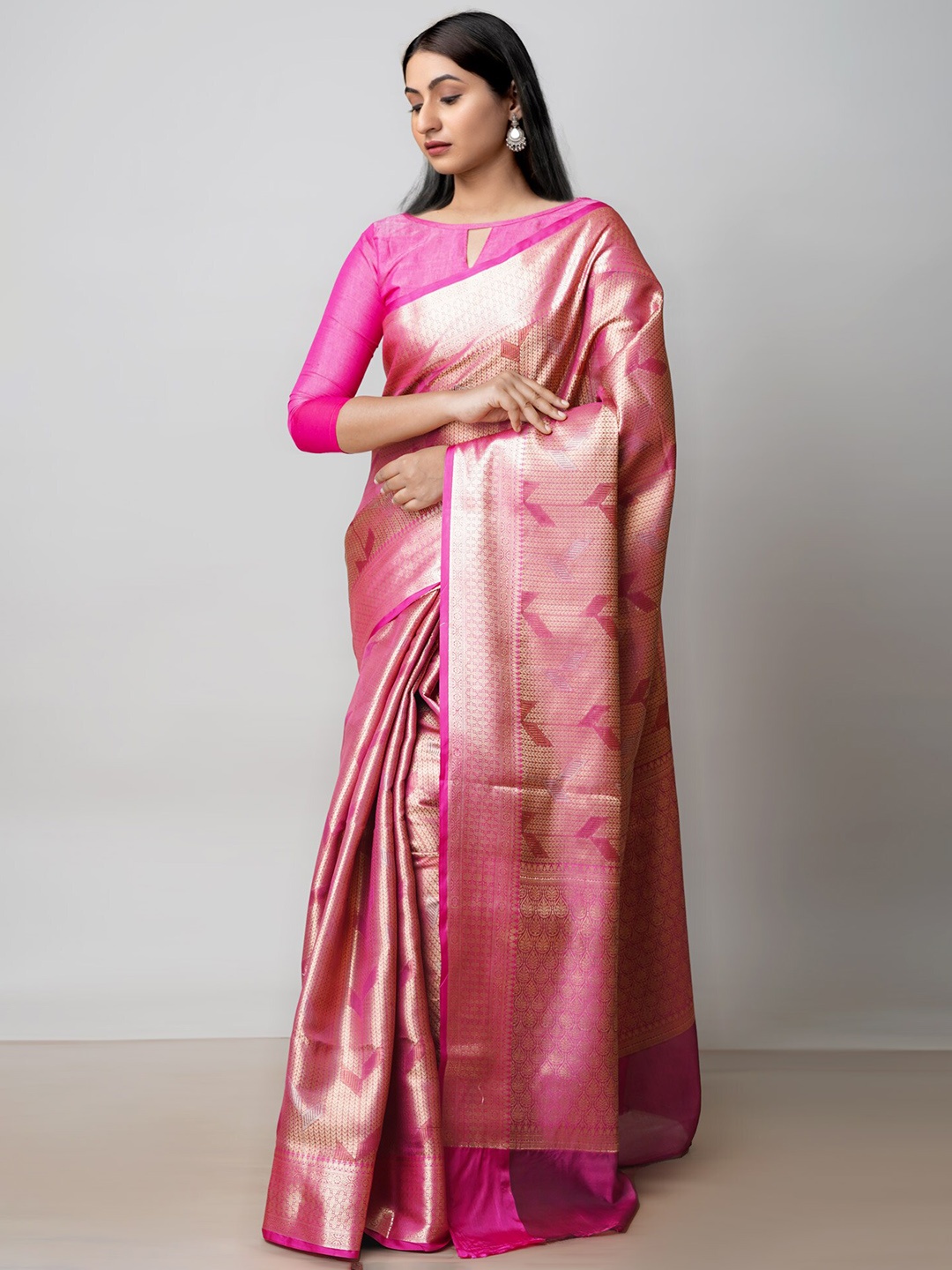 

Unnati Silks Woven Design Zari Silk Cotton Banarasi Saree, Pink