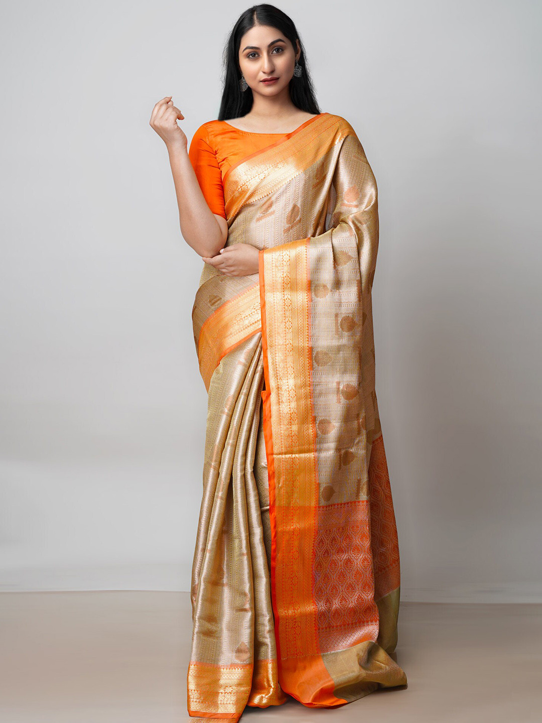 

Unnati Silks Ethnic Motifs Woven Design Zari Banarasi Saree, Cream