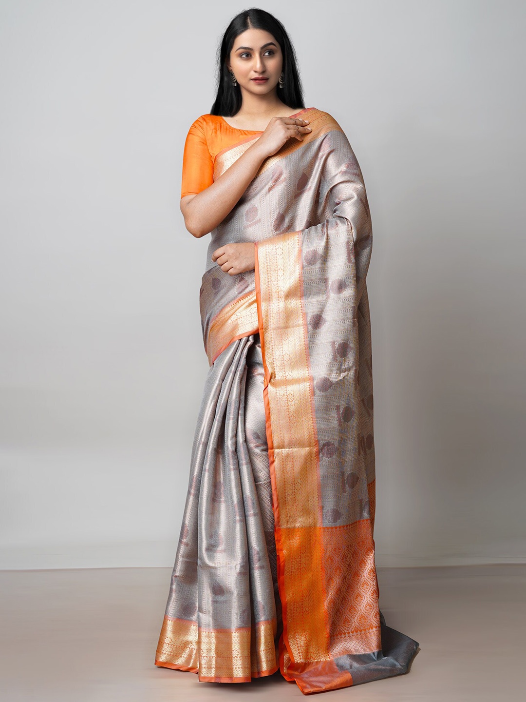 

Unnati Silks Woven Design Zari Silk Cotton Banarasi Saree, Grey