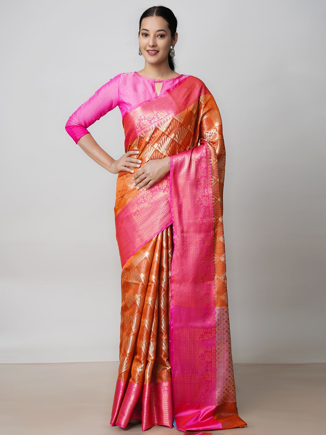 

Unnati Silks Woven Design Zari Silk Cotton Banarasi Saree, Orange