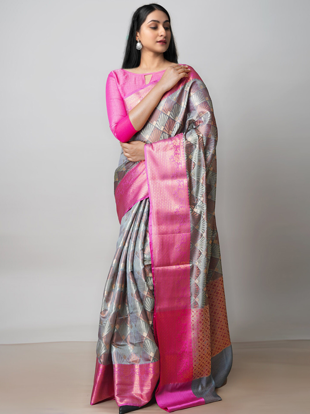 

Unnati Silks Woven Design Zari Silk Cotton Banarasi Saree, Grey