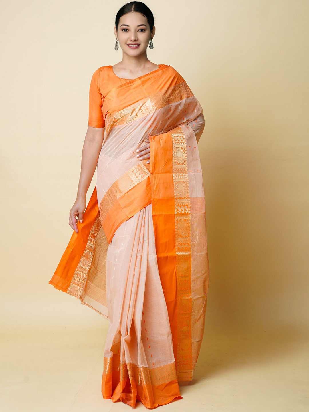 

Unnati Silks Paisley Woven Design Zari Pure Cotton Taant Saree, Orange