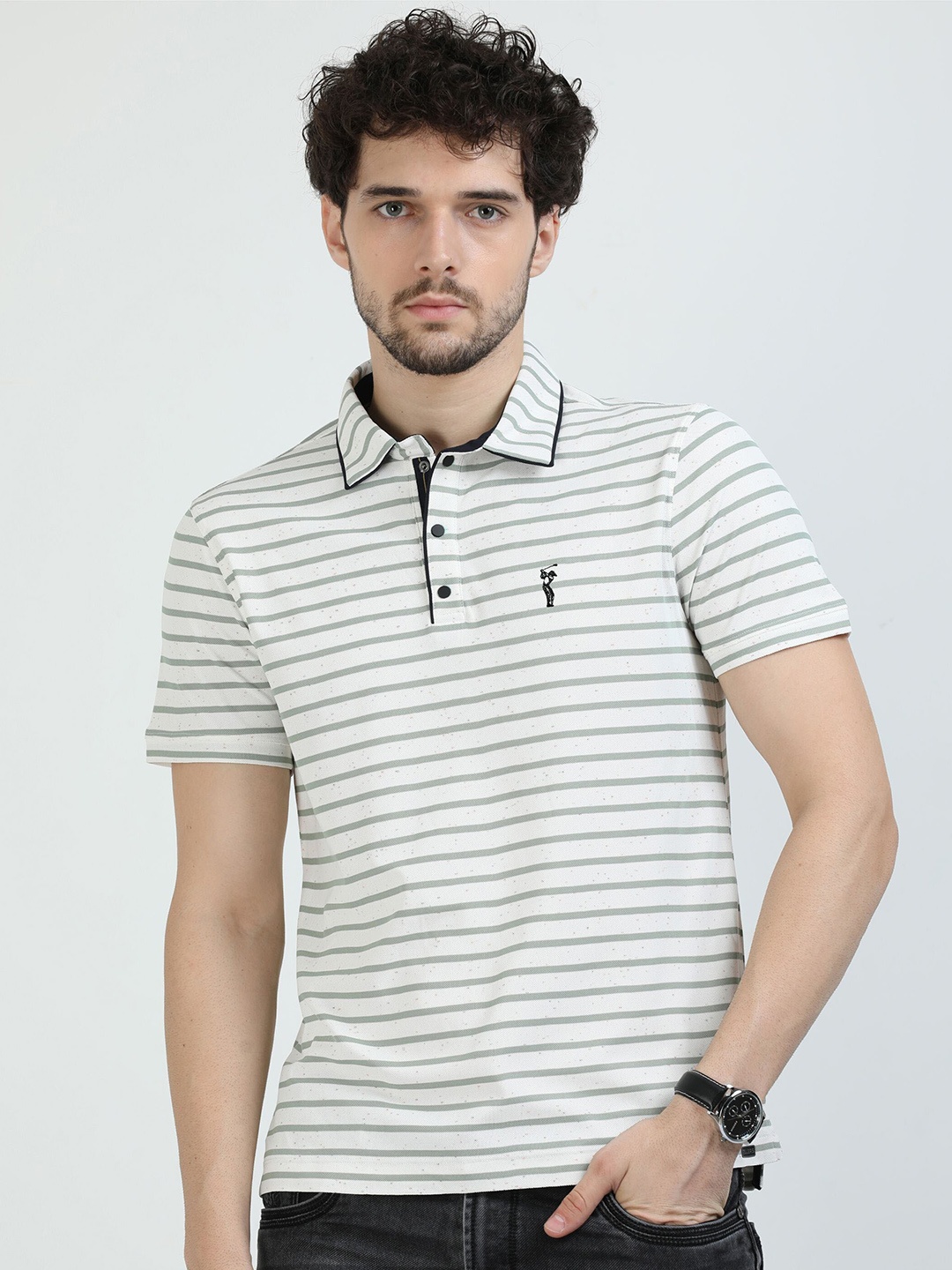 

STELLERS Striped Polo Collar Golf T-shirt, White
