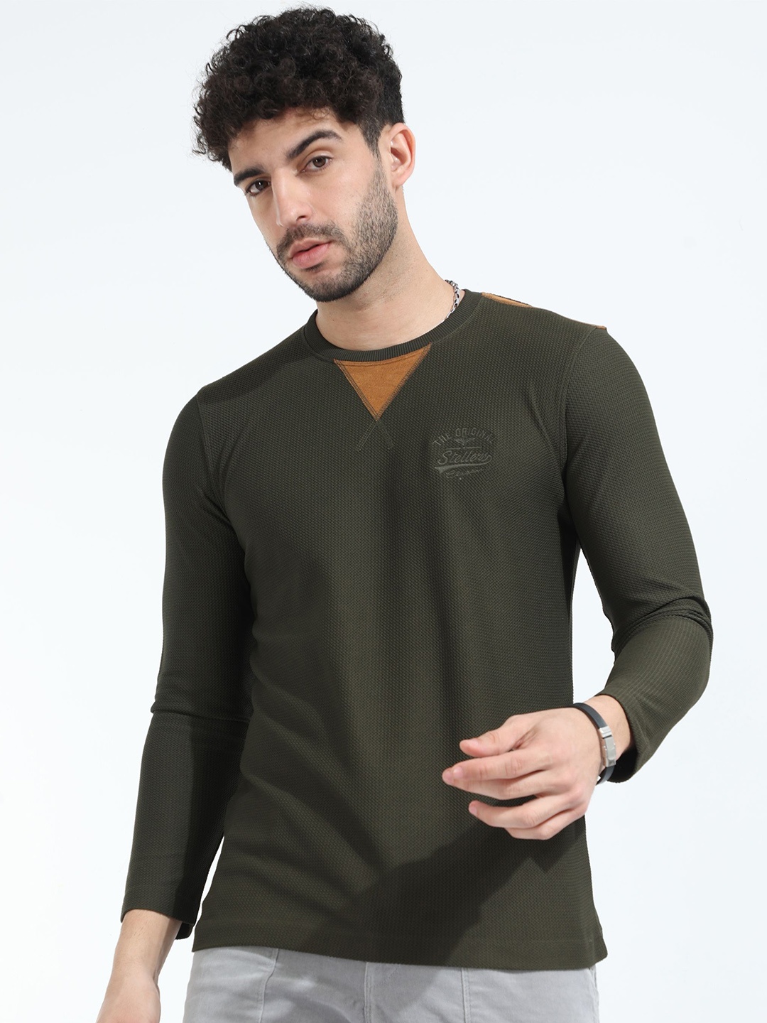 

STELLERS Self Design Round Neck T-shirt, Olive