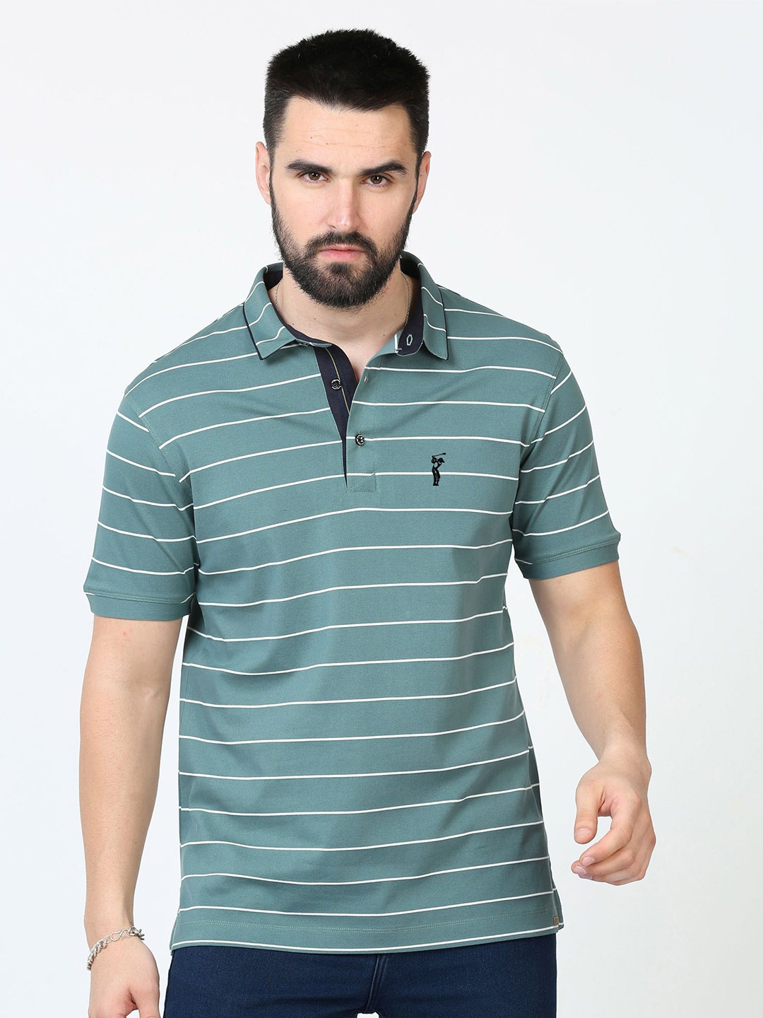 

STELLERS Striped Polo Collar Pure Cotton Sports T-shirt, Teal