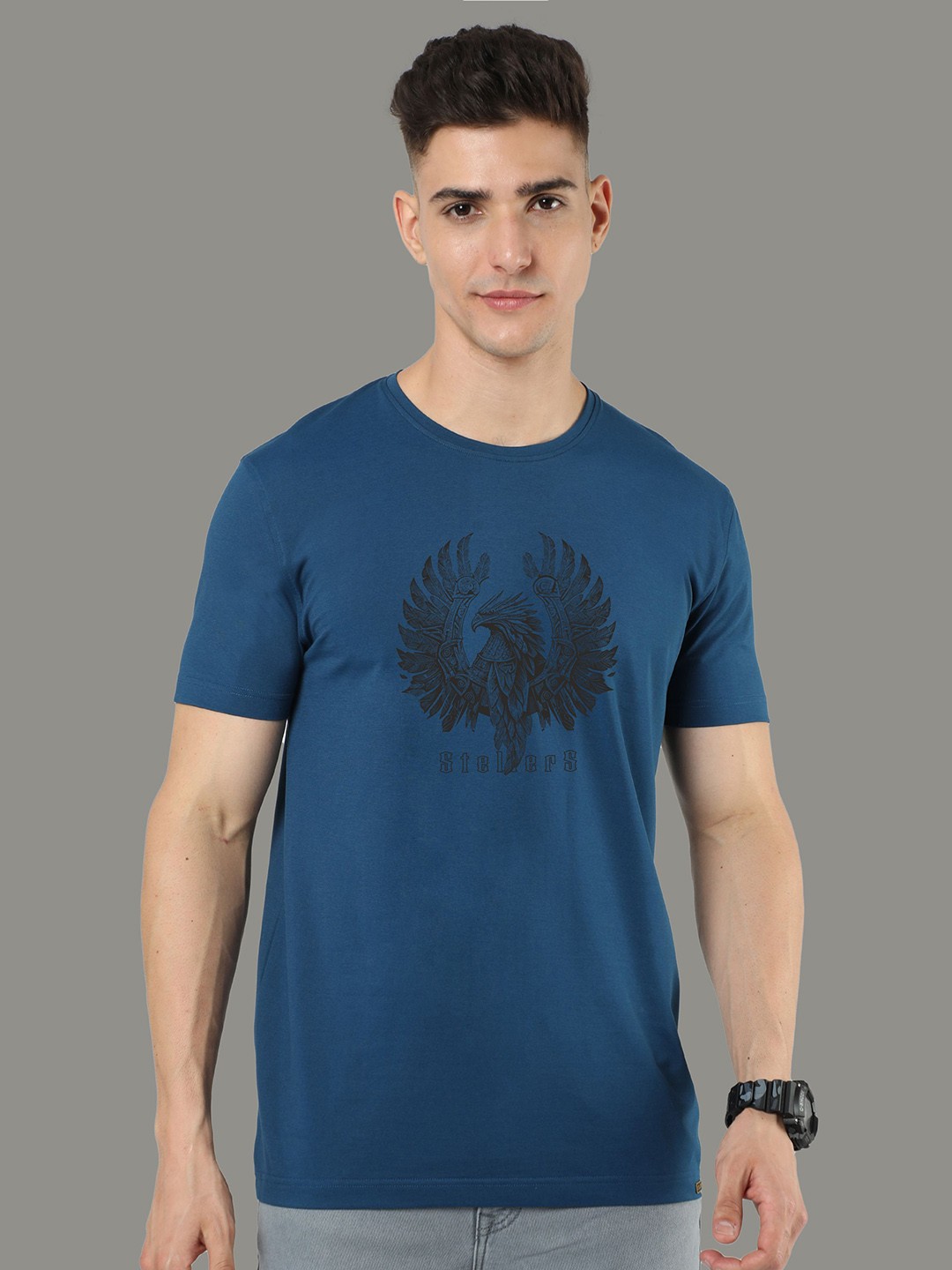 

STELLERS Graphic Printed Cotton Casual T-shirt, Teal