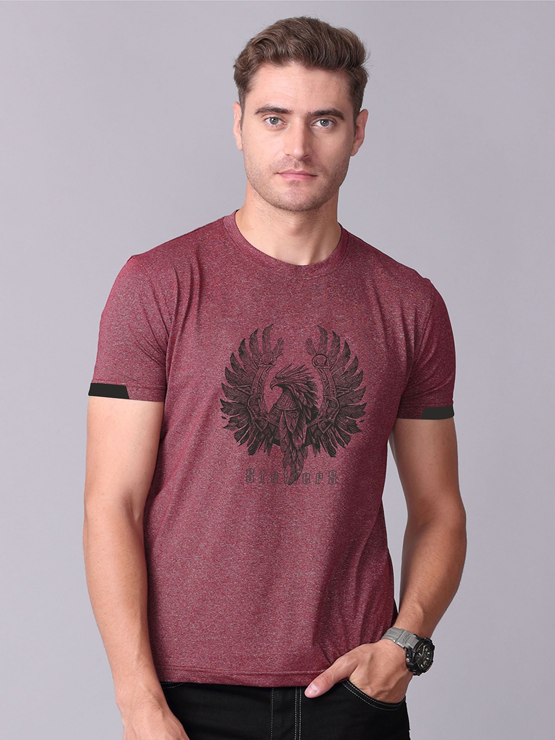 

STELLERS Graphic Printed Cotton Casual T-shirt, Maroon