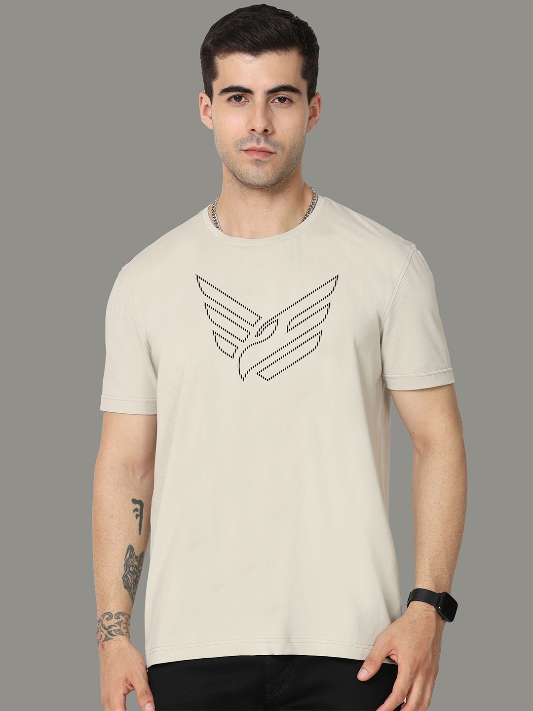 

STELLERS Graphic Printed Cotton Casual T-shirt, Grey
