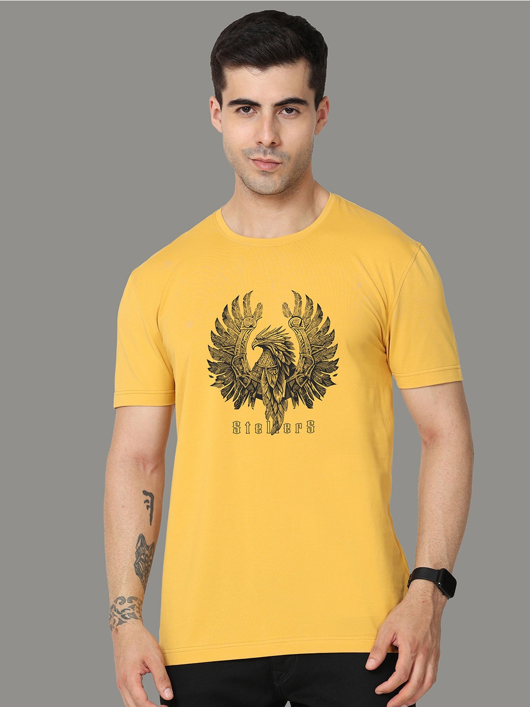 STELLERS Graphic Printed Cotton T-Shirt, Mustard