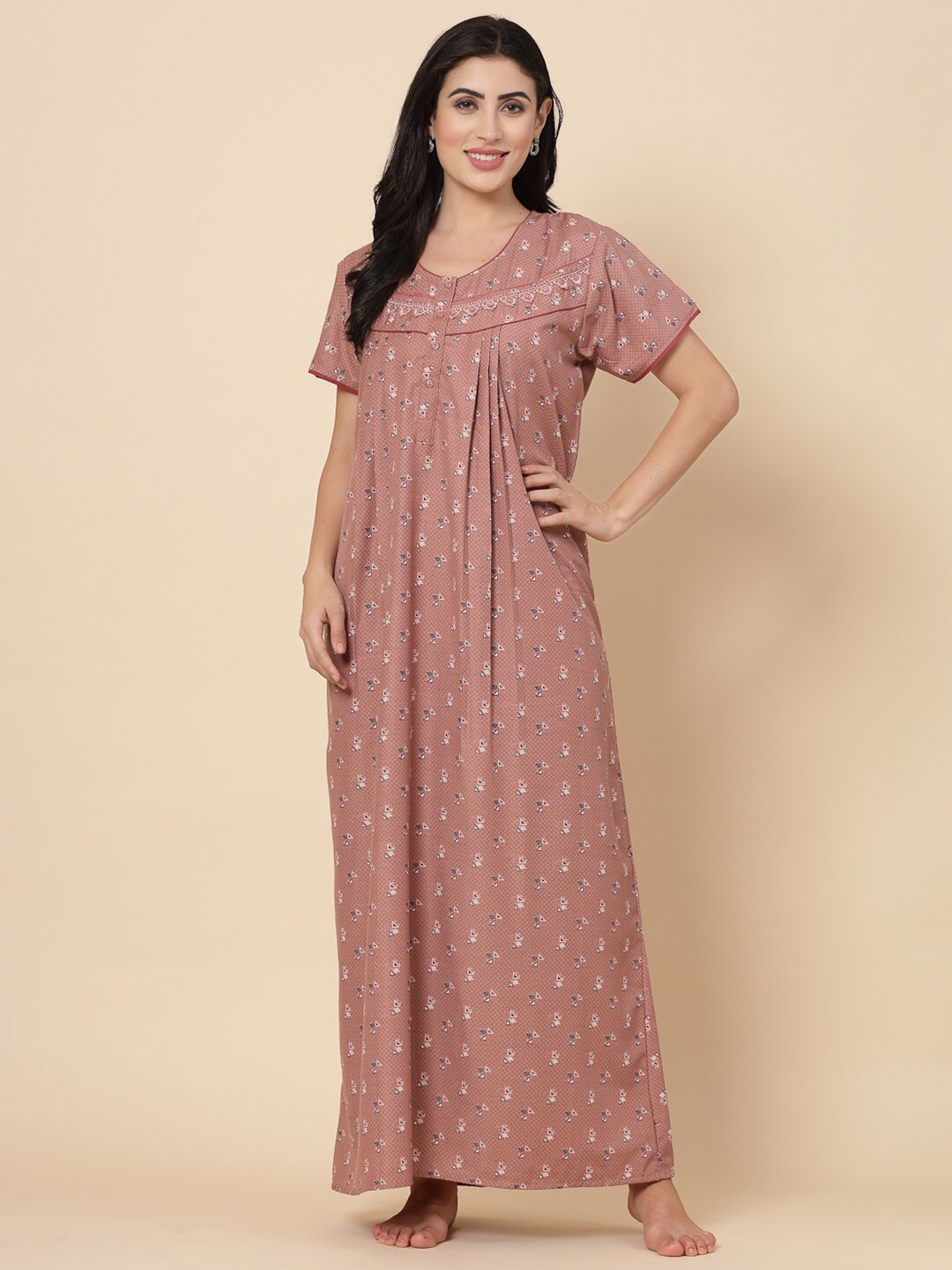 

Sweet Dreams Floral Printed Lace Detail Maxi Nightdress, Rust