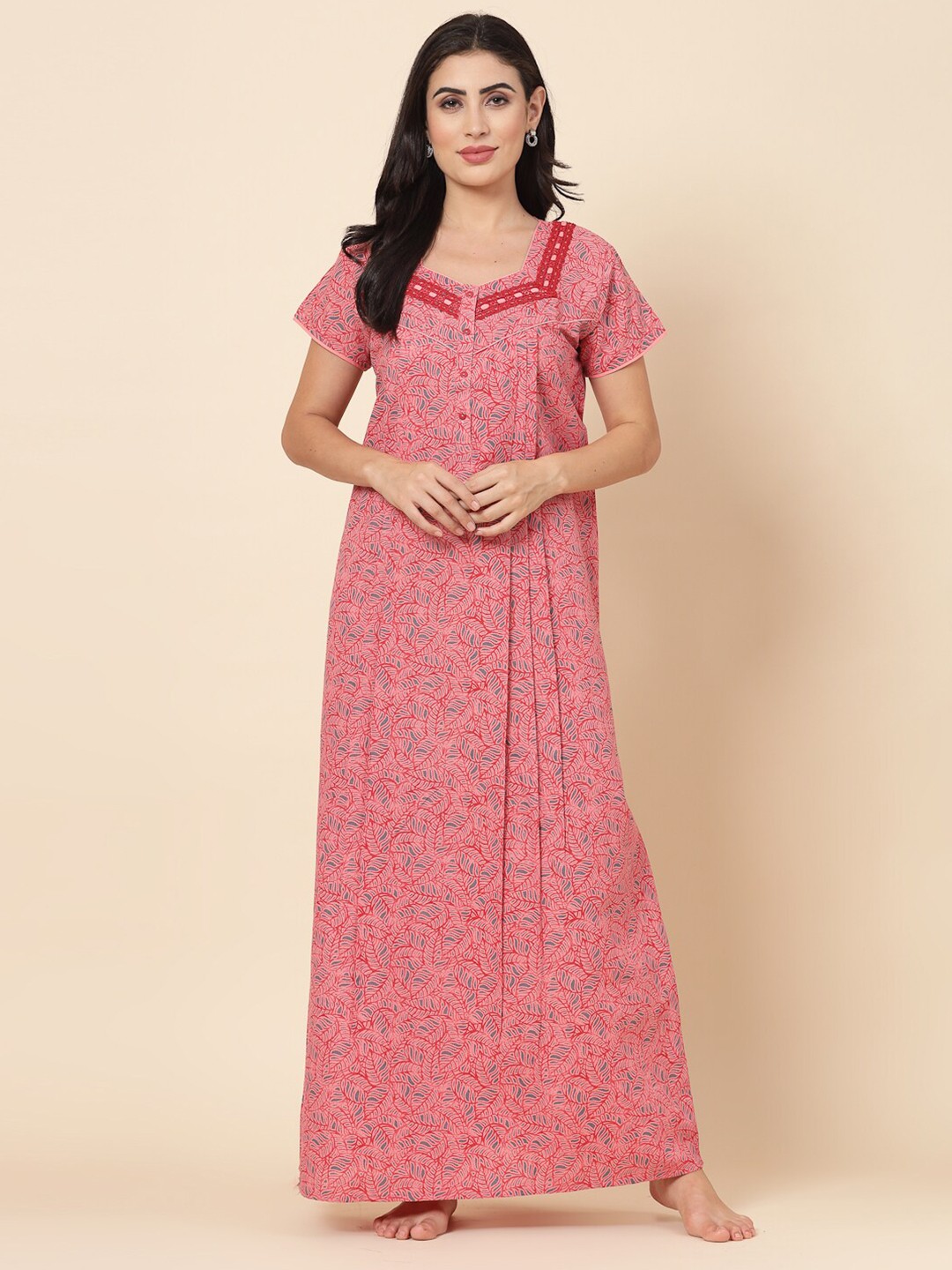

Sweet Dreams Tropical Printed Lace Detail Maxi Nightdress, Red