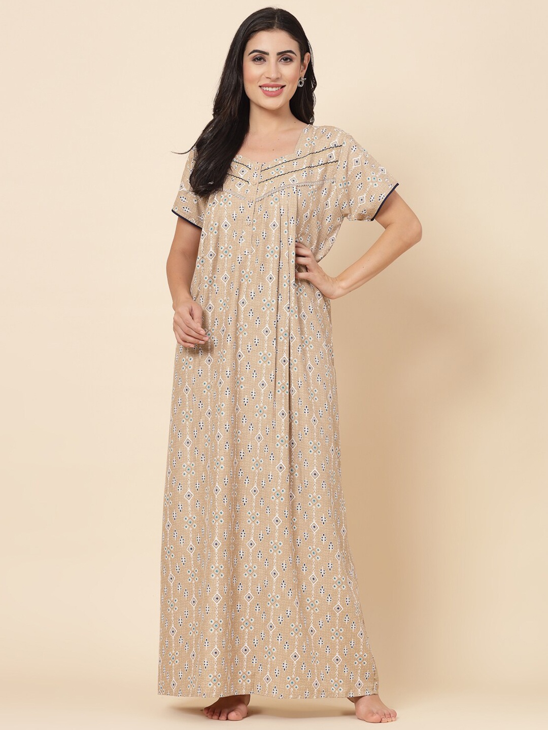 

Sweet Dreams Ethnic Motifs Printed Lace Detail Maxi Nightdress, Khaki