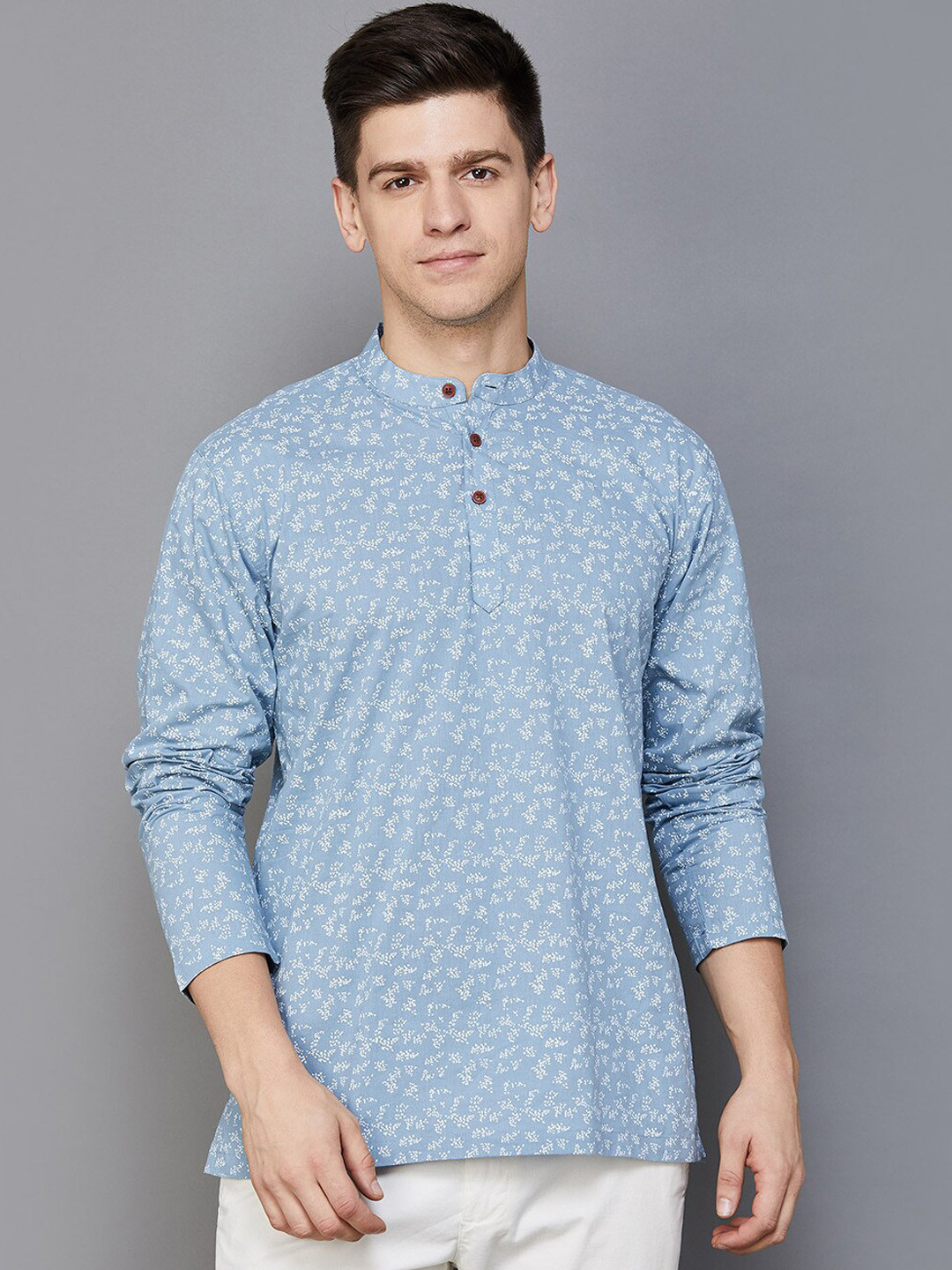 

Melange by Lifestyle Mandarin Collar Abstract Printed Cotton Straight Kurta, Blue