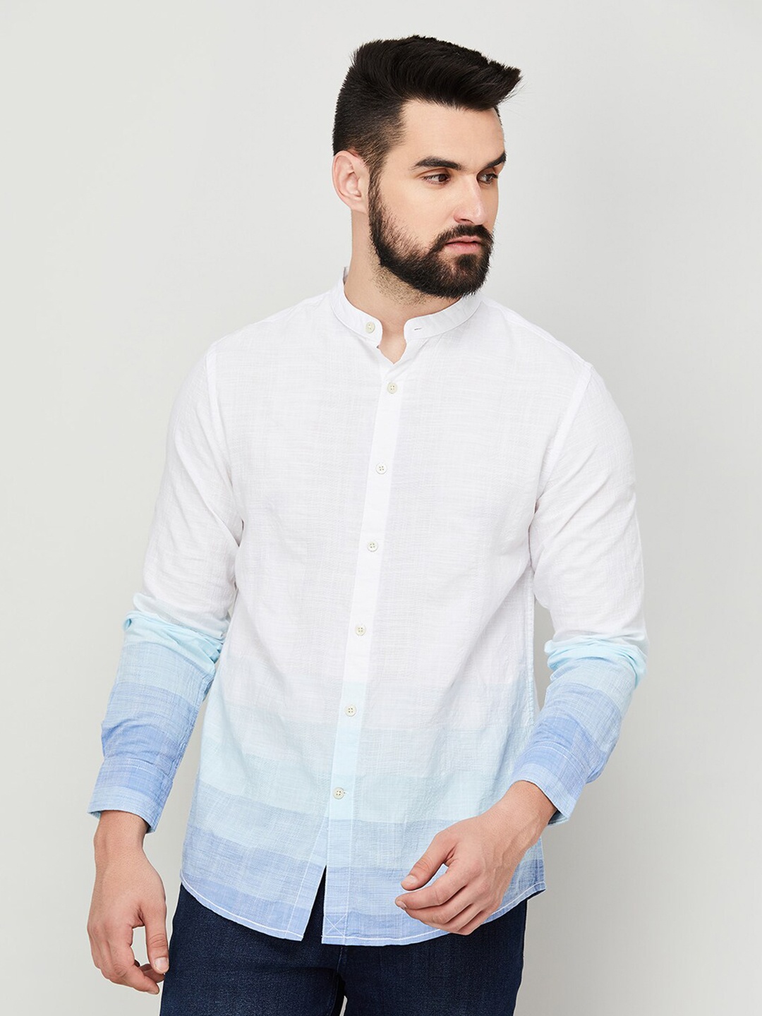 

Melange by Lifestyle Ombre Printed Mandarin Collar Cotton Casual Shirt, White