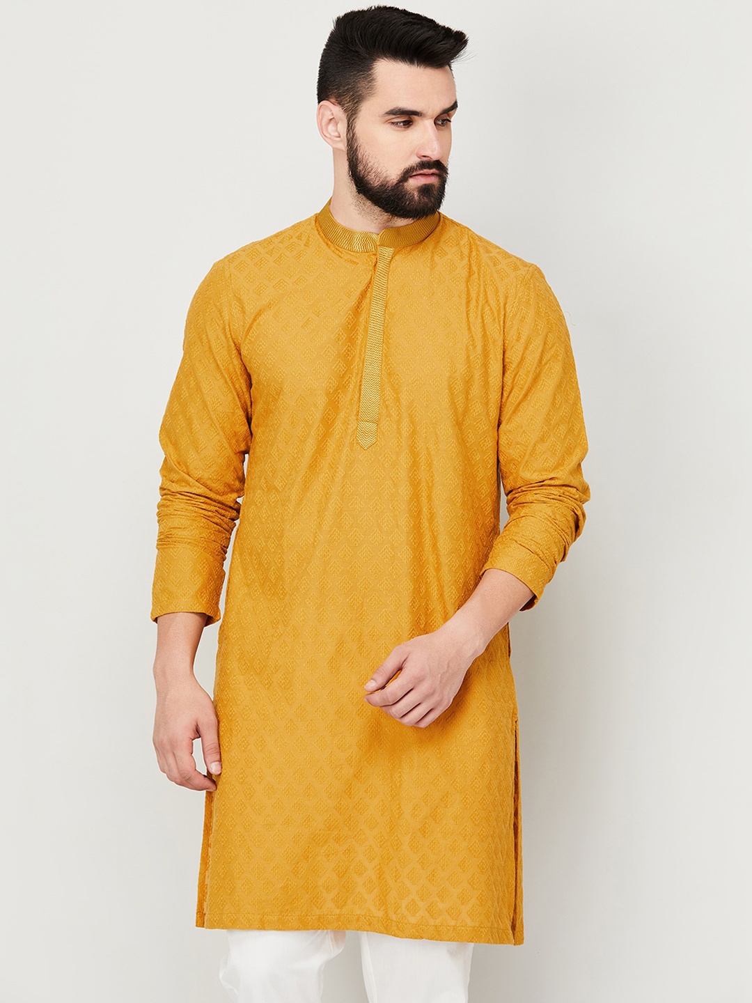 

Melange by Lifestyle Mandarin Collar Ethnic Motif Embroidered Cotton Kurta, Mustard
