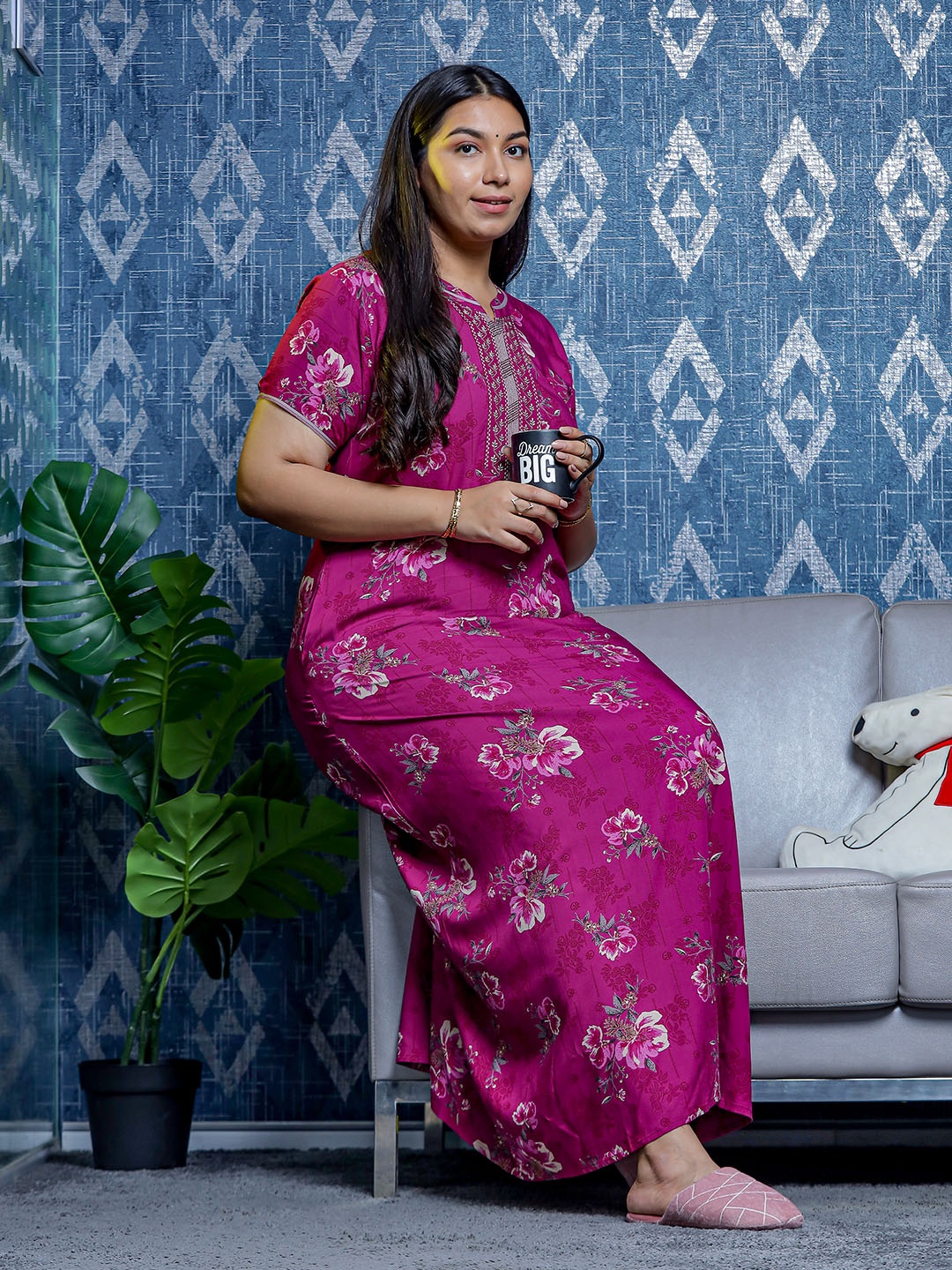 

9shines Label Floral Printed Maxi Nightdress, Maroon