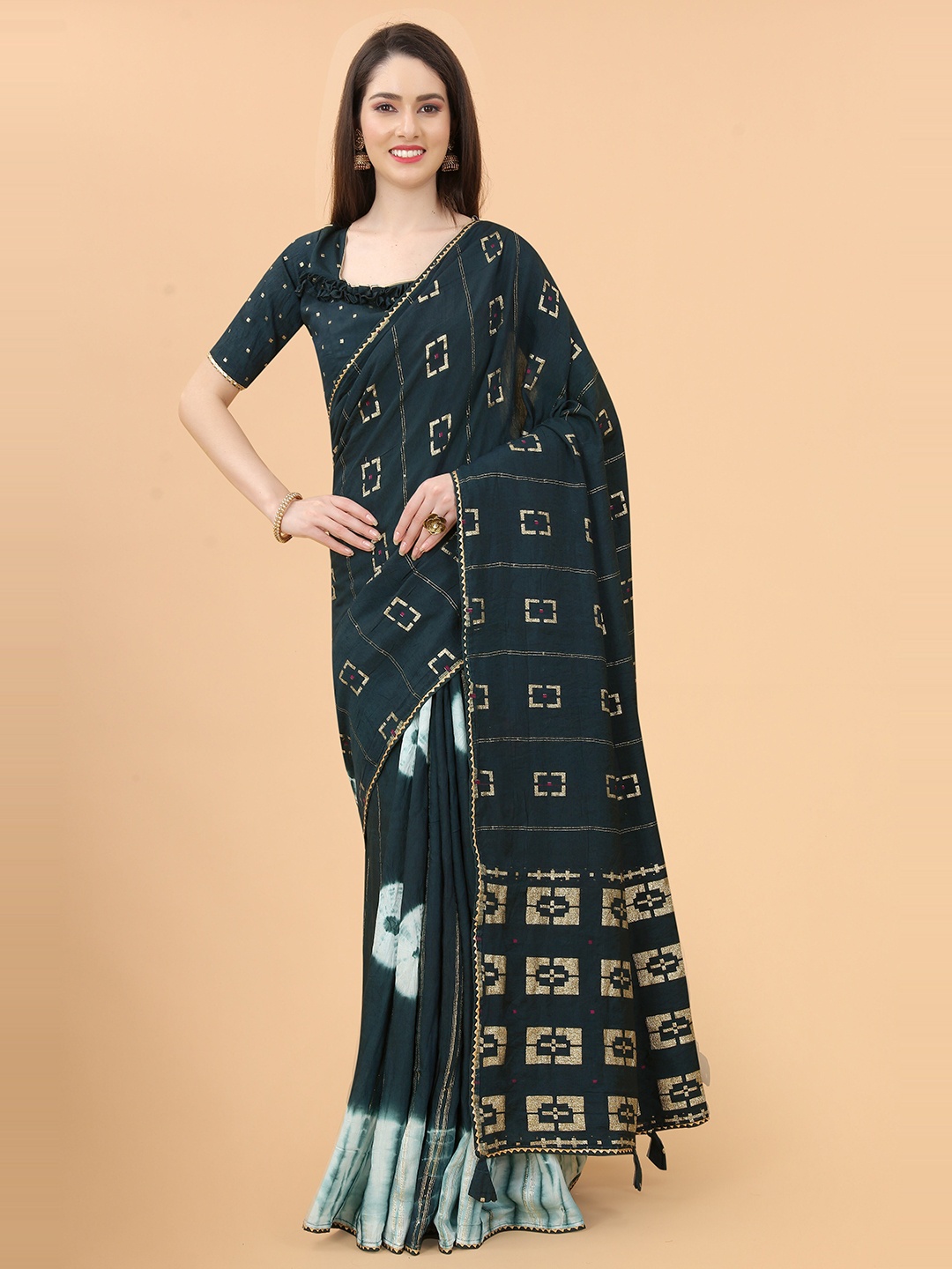 

Munir Geometric Printed Gotta Patti Saree, Teal