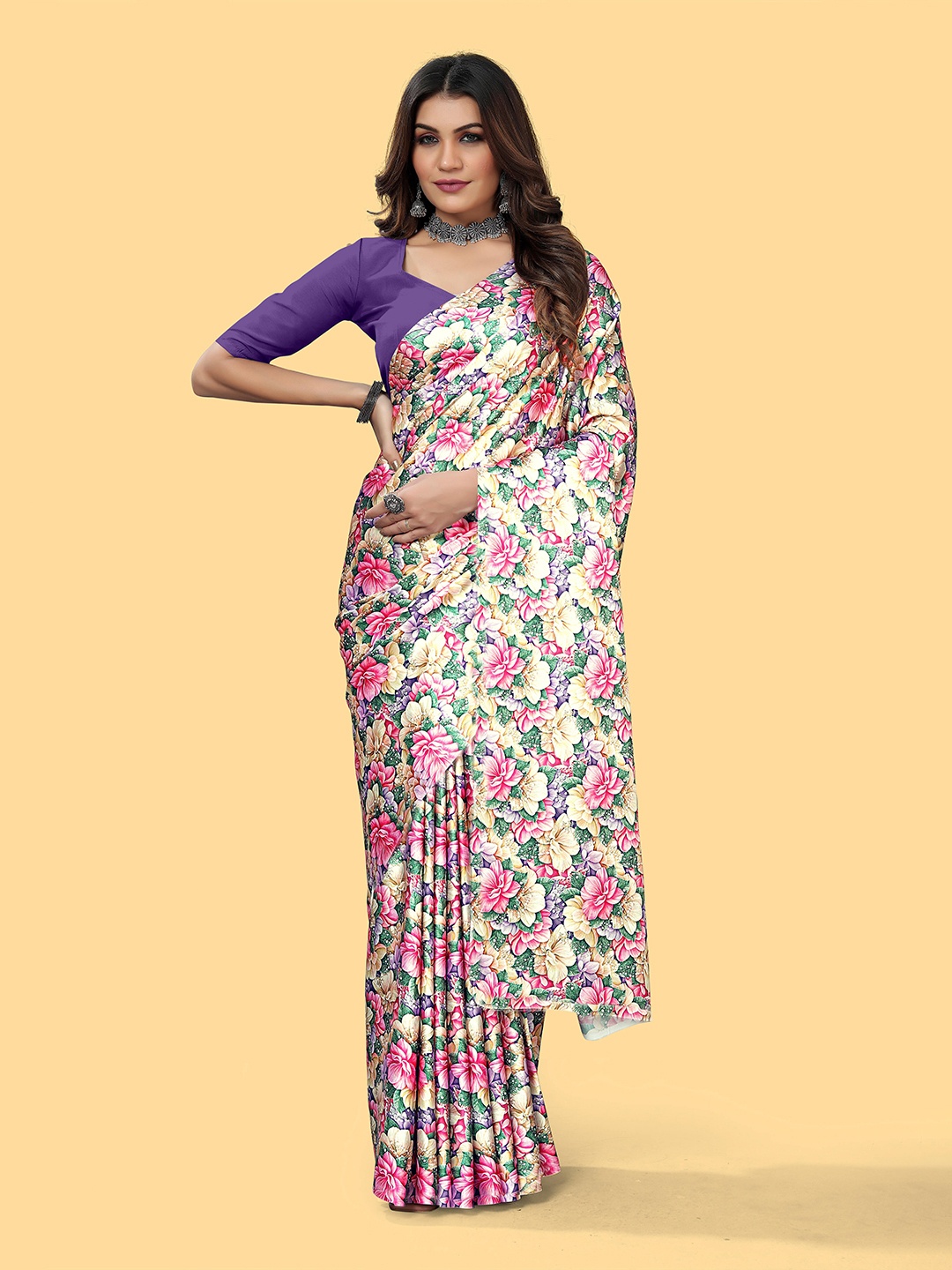 

VEECHIS Floral Printed Satin Saree, Pink