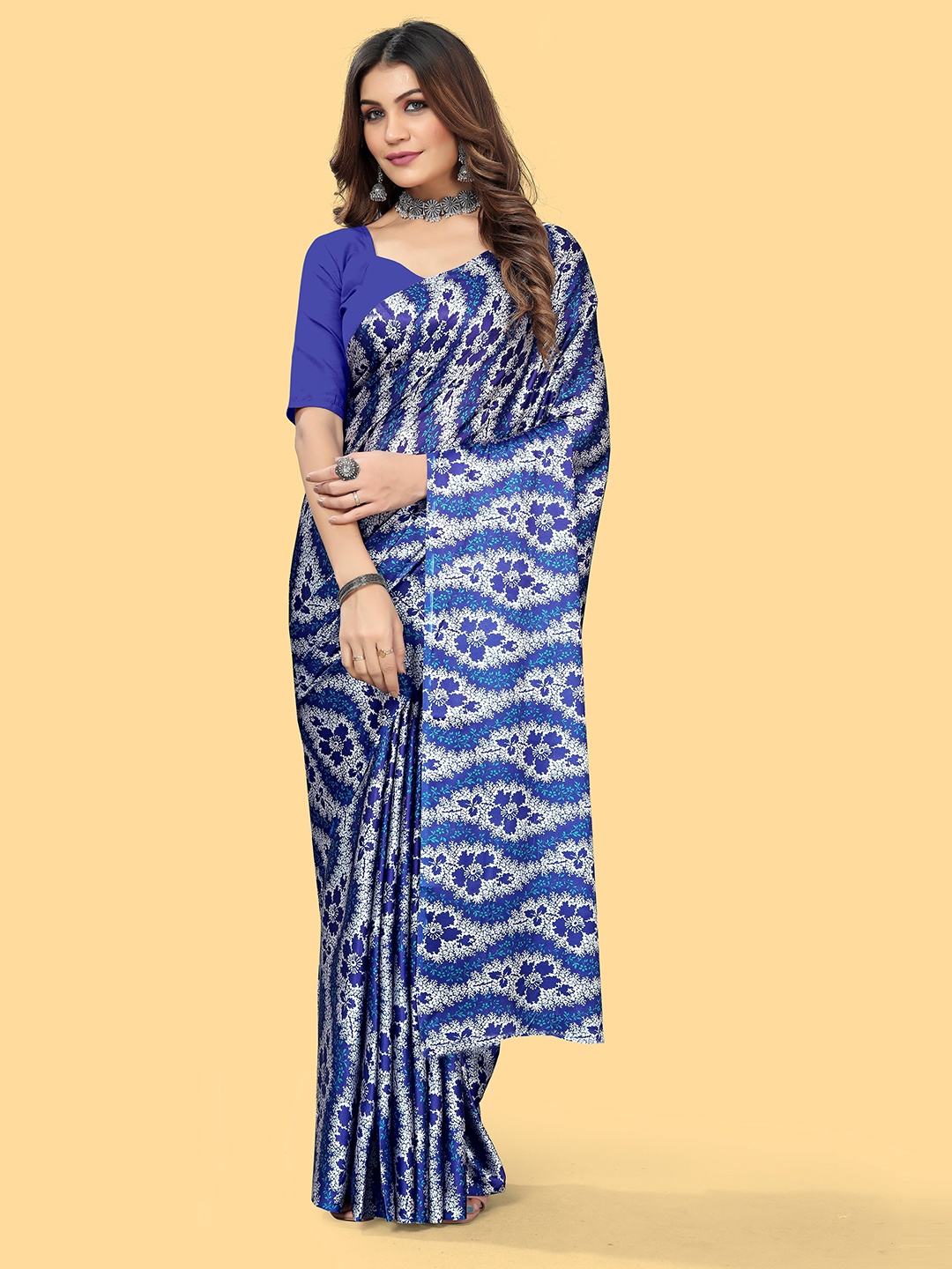 

VEECHIS Floral Printed Satin Saree, Blue